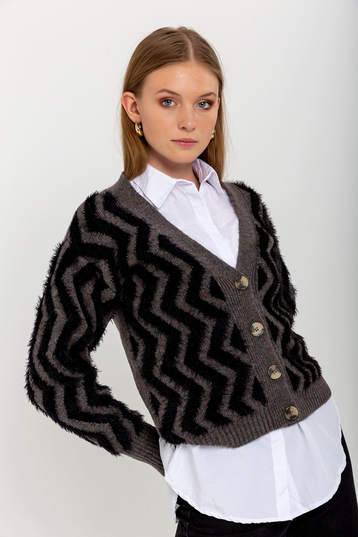 Knitwear Fabric Long Sleeve V-Neck Short Fringed Women Cardigan - Anthracite 