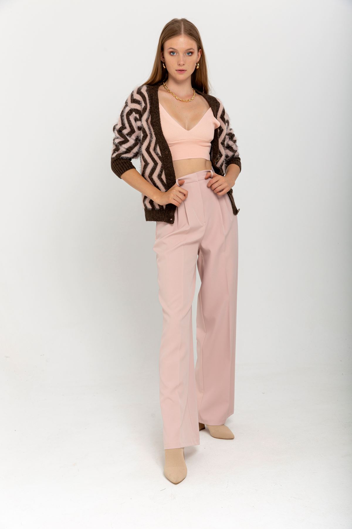 Knitwear Fabric Long Sleeve V-Neck Short Fringed Women Cardigan - Brown