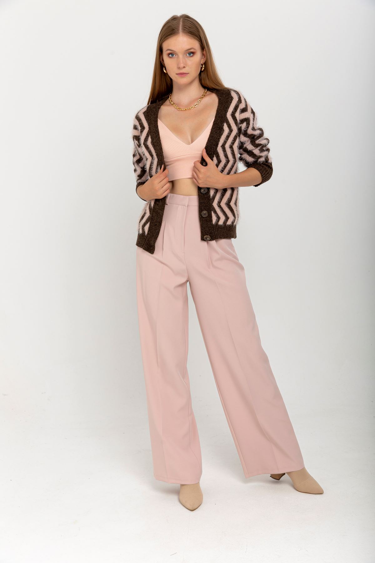 Knitwear Fabric Long Sleeve V-Neck Short Fringed Women Cardigan - Brown