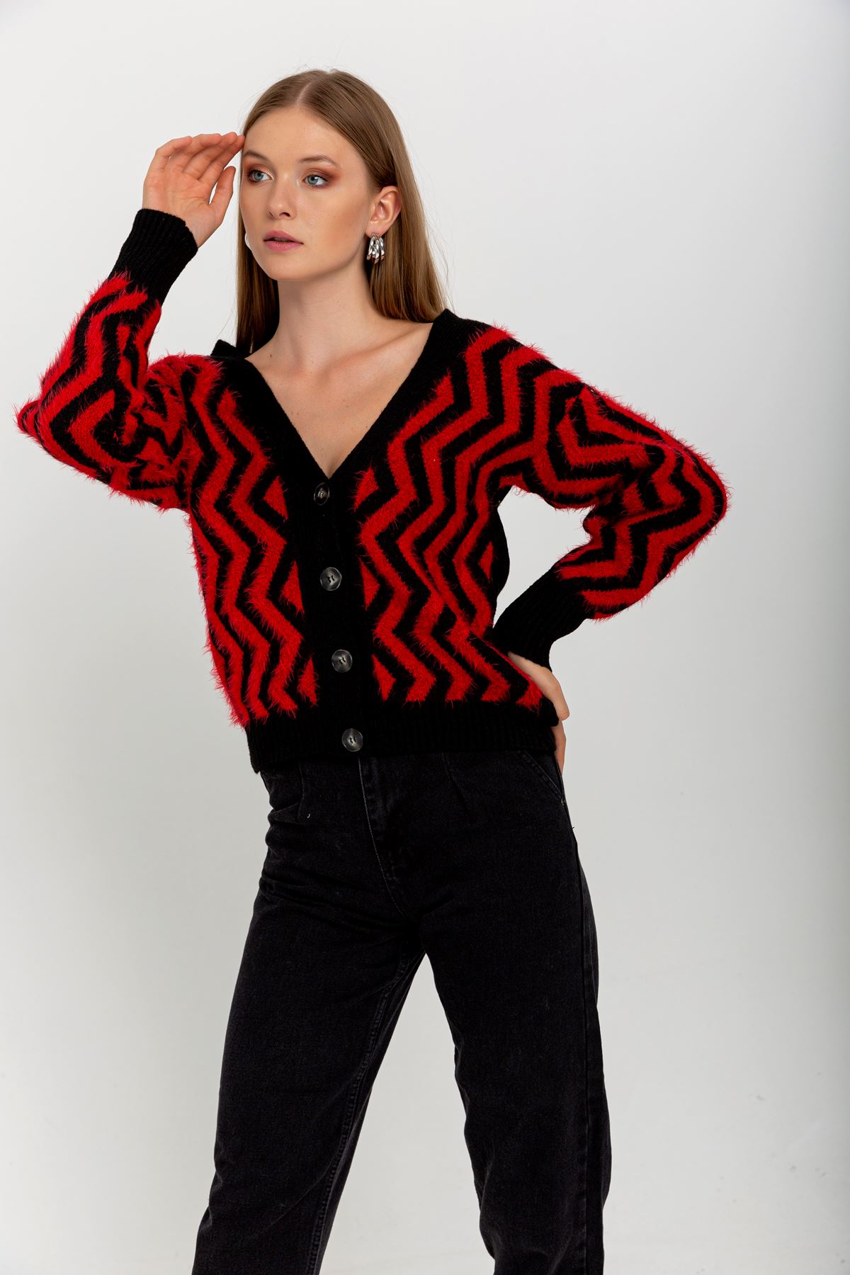 Knitwear Fabric Long Sleeve V-Neck Short Fringed Women Cardigan - Red