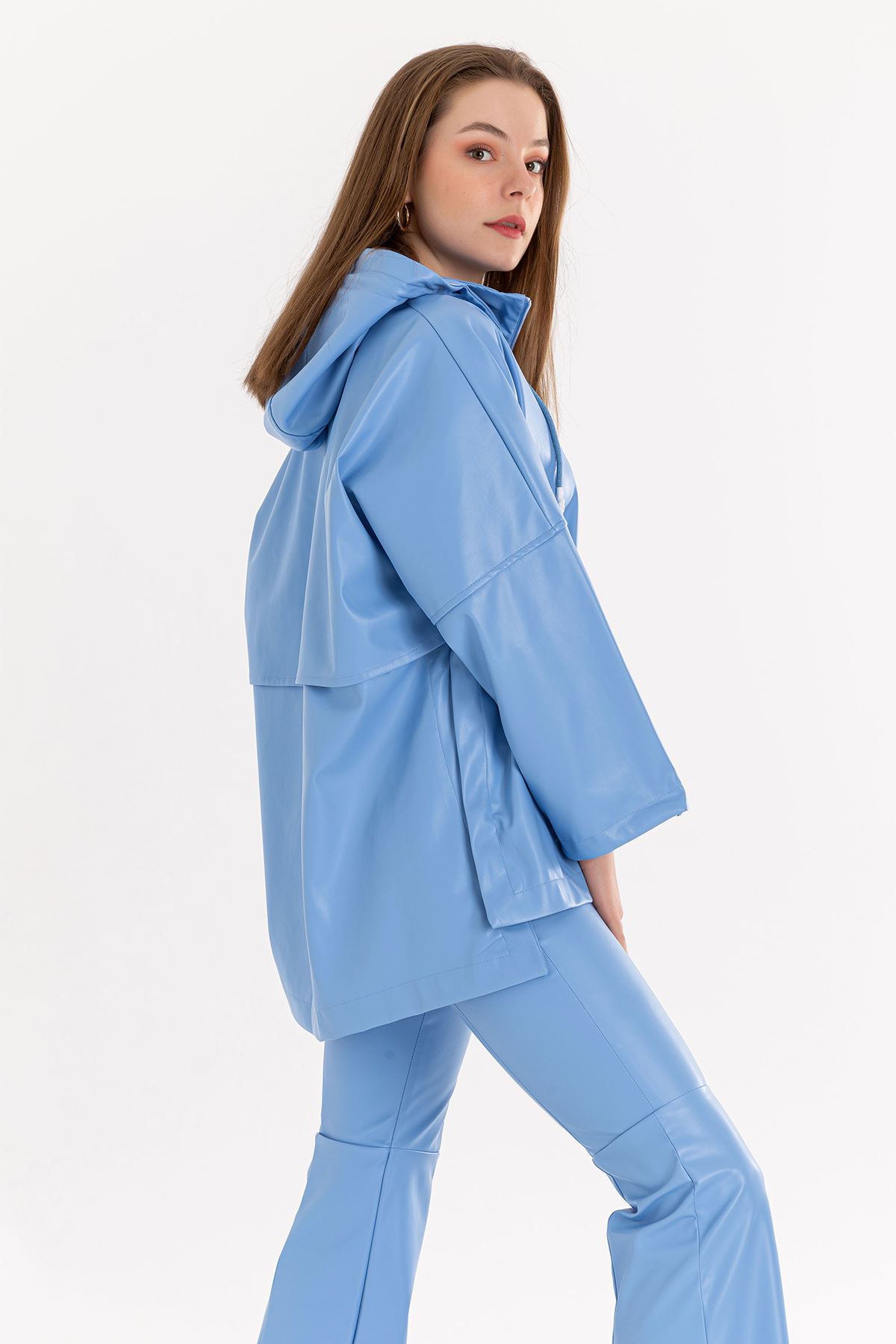 Zara Deri Kumaş Uzun Kol Kapüşonlu Kadın Sweatshirt-Mavi