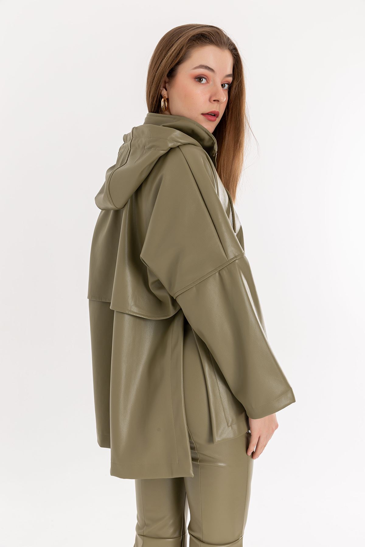Zara Leather Fabric Long Sleeve Hooded Long Oversize Women Sweatshirt - Khaki 