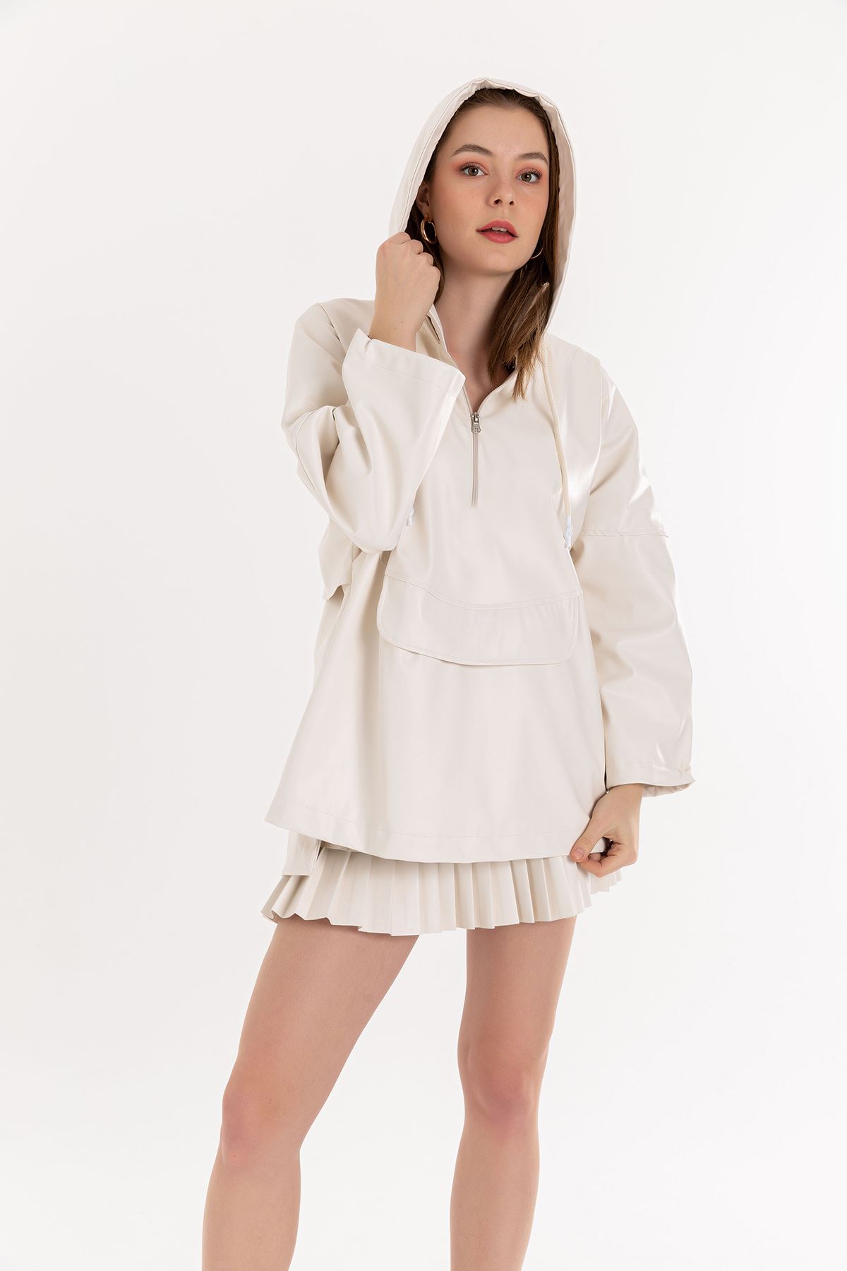 Zara Leather Fabric Long Sleeve Hooded Long Oversize Women Sweatshirt - Ecru