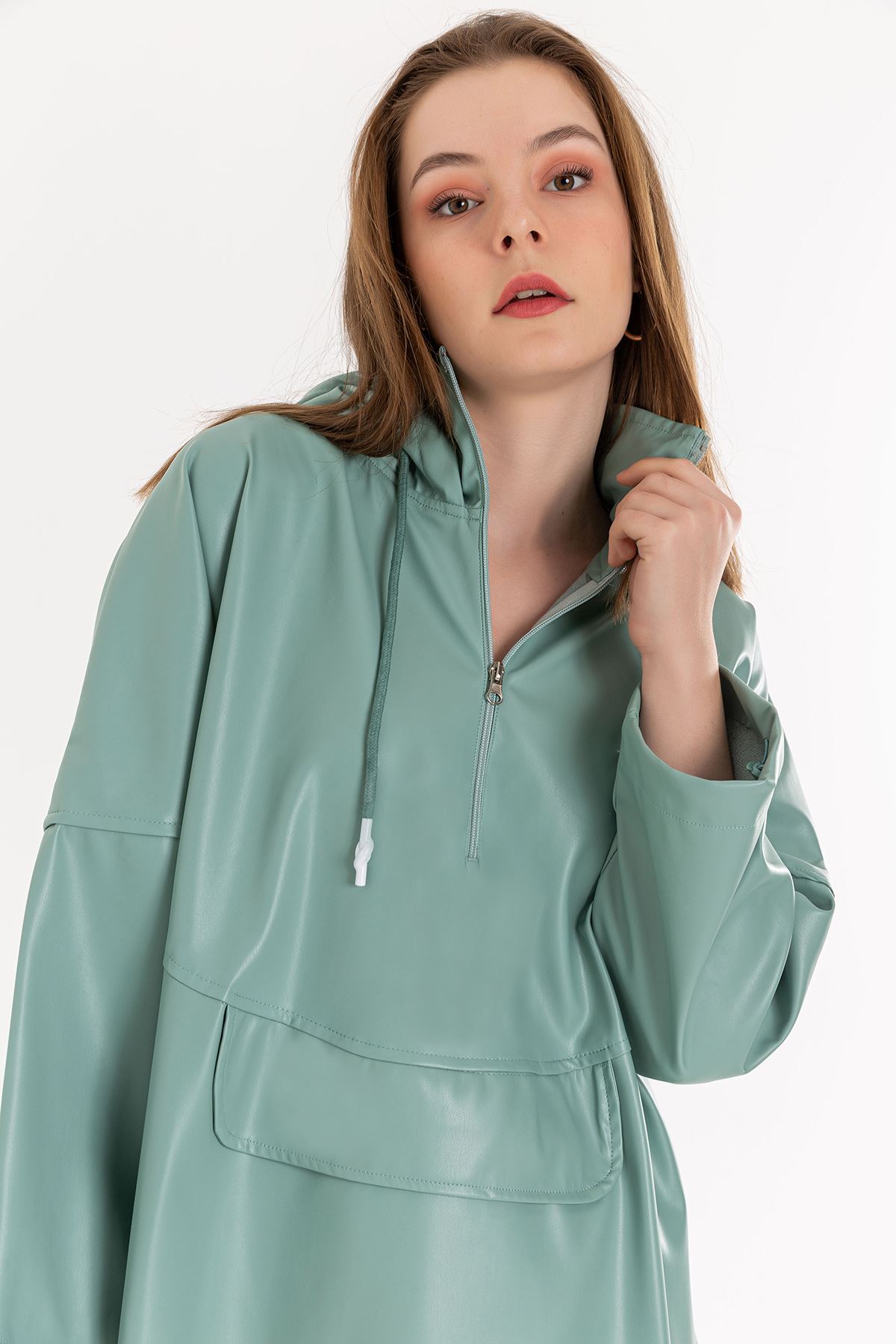 Zara Leather Fabric Long Sleeve Hooded Long Oversize Women Sweatshirt - Mint