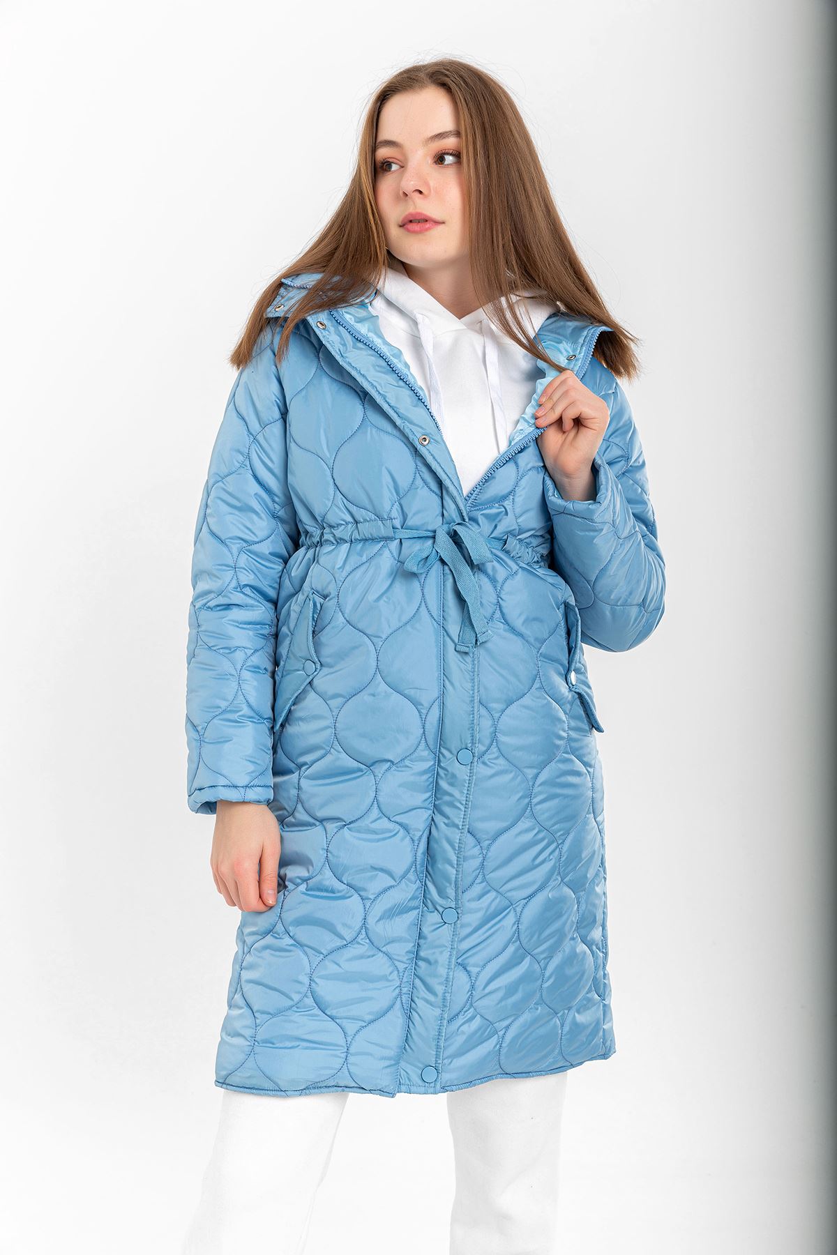 Quilted Fabric Long Sleeve Zip Neck Midi Women Coat - Blue
