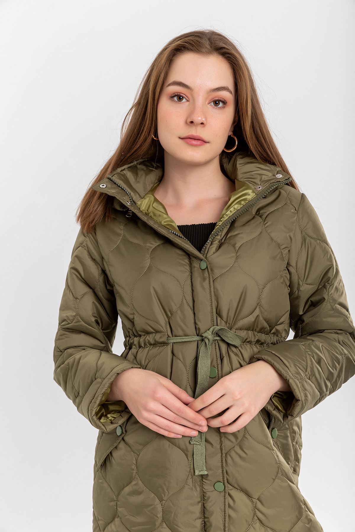 Quilted Fabric Long Sleeve Zip Neck Midi Women Coat - Khaki 