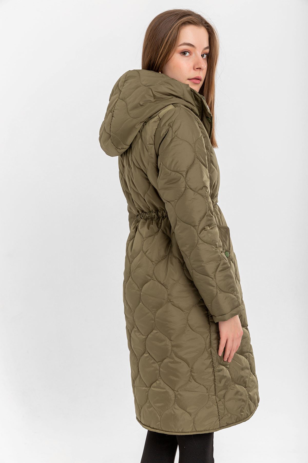 Quilted Fabric Long Sleeve Zip Neck Midi Women Coat - Khaki 