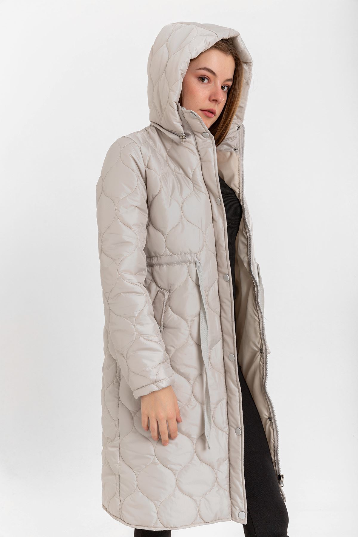 Quilted Fabric Long Sleeve Zip Neck Midi Women Coat - Stone
