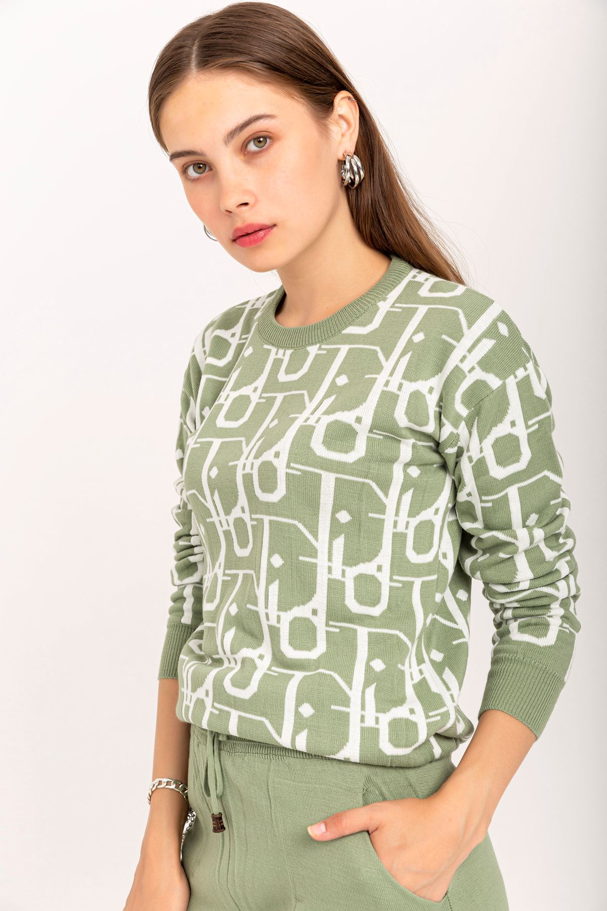 Knitwear Fabric Bicycle Collar Long Geometric Print Women'S Set - Mint