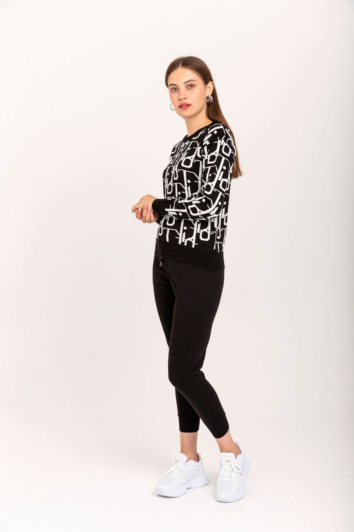 Knitwear Fabric Bicycle Collar Long Geometric Print Women'S Set - Black