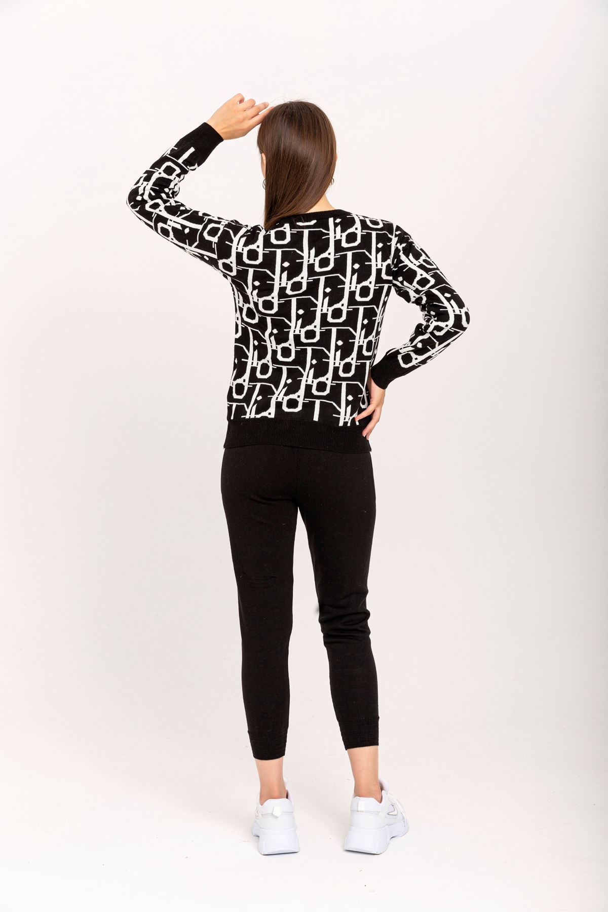 Knitwear Fabric Bicycle Collar Long Geometric Print Women'S Set - Black