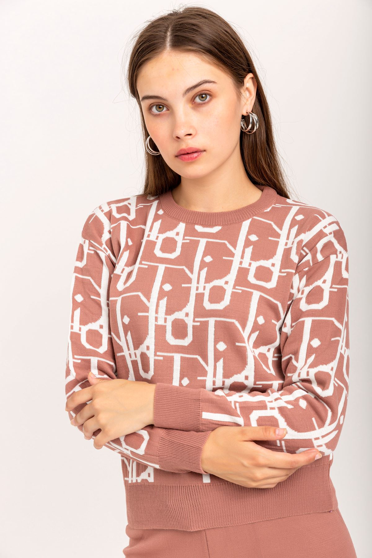 Knitwear Fabric Bicycle Collar Long Geometric Print Women'S Set - Rose 