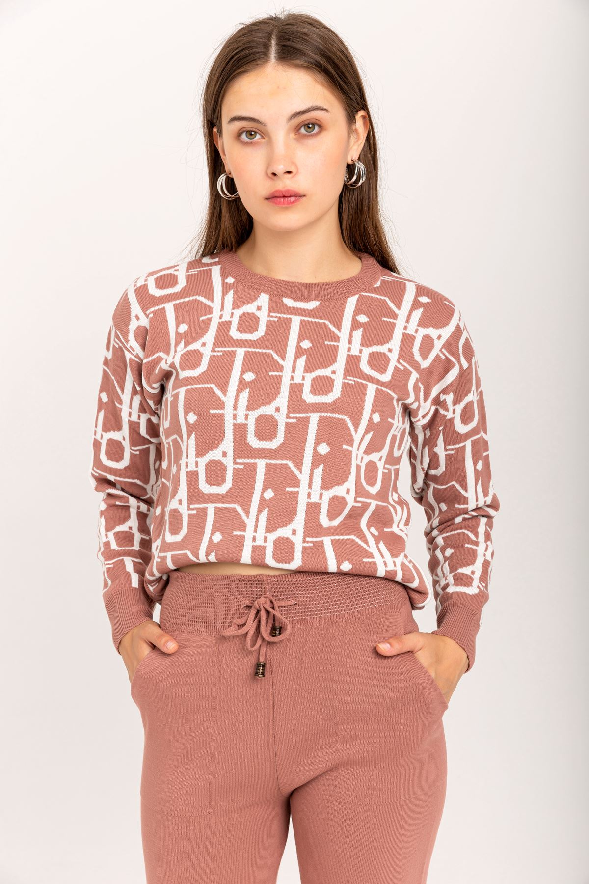 Knitwear Fabric Bicycle Collar Long Geometric Print Women'S Set - Rose 