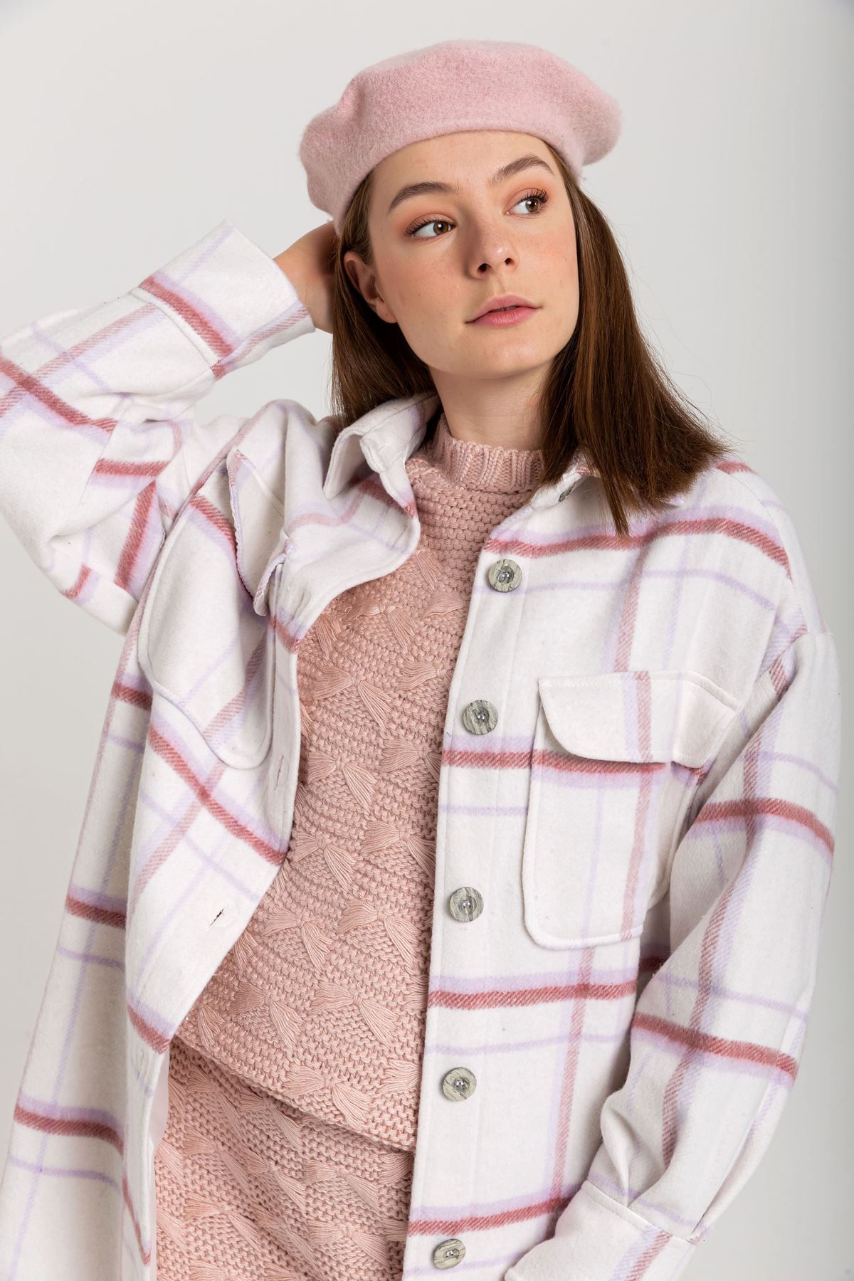 Lumberjack Fabric Shirt Collar Below Knee Oversize Plaid Women Jacket - Lilac
