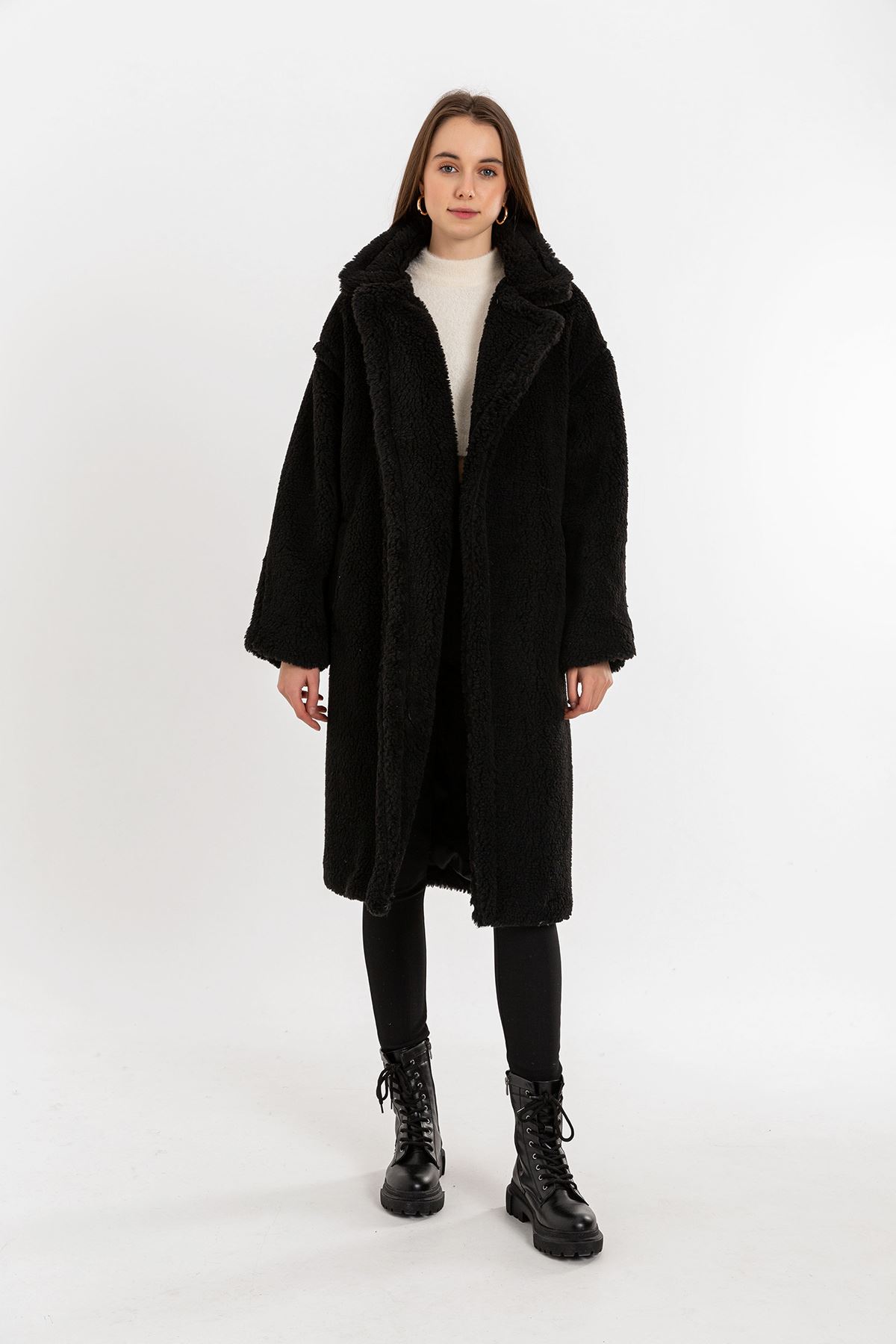 Teddy Fabric Long Sleeve Revere Collar Below Knees Oversize Women'S Coat - Black