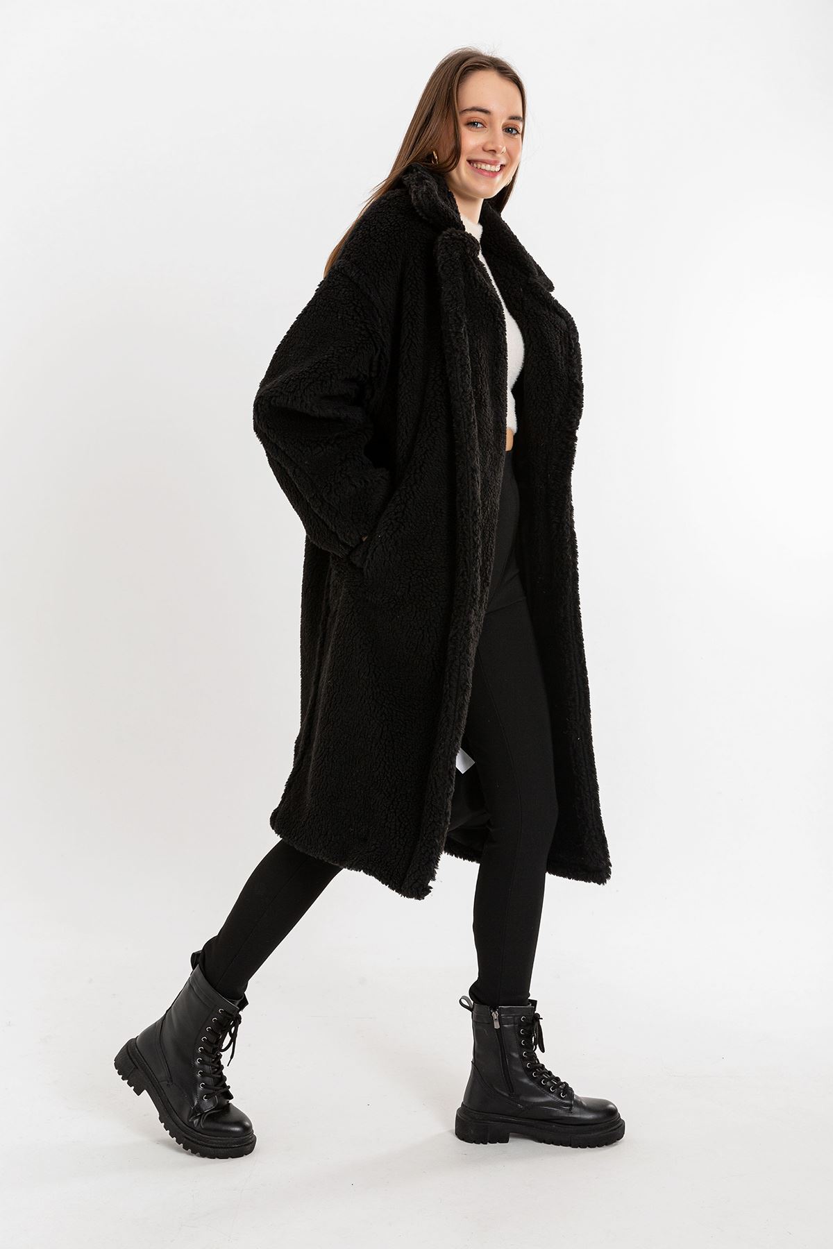 Teddy Fabric Long Sleeve Revere Collar Below Knees Oversize Women'S Coat - Black