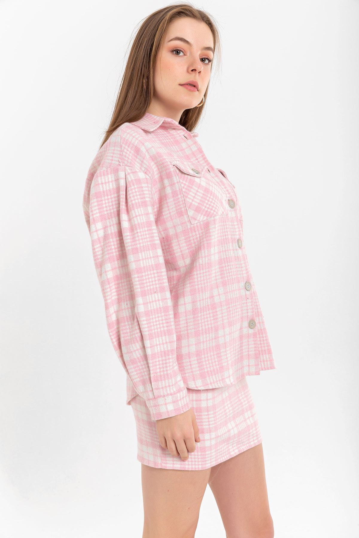 Lumberjack Fabric Long Sleeve Hip Height Oversize Striped Women'S Shirt - Pink