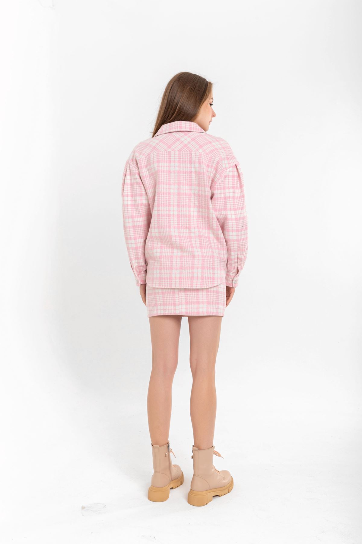 Lumberjack Fabric Long Sleeve Hip Height Oversize Striped Women'S Shirt - Pink