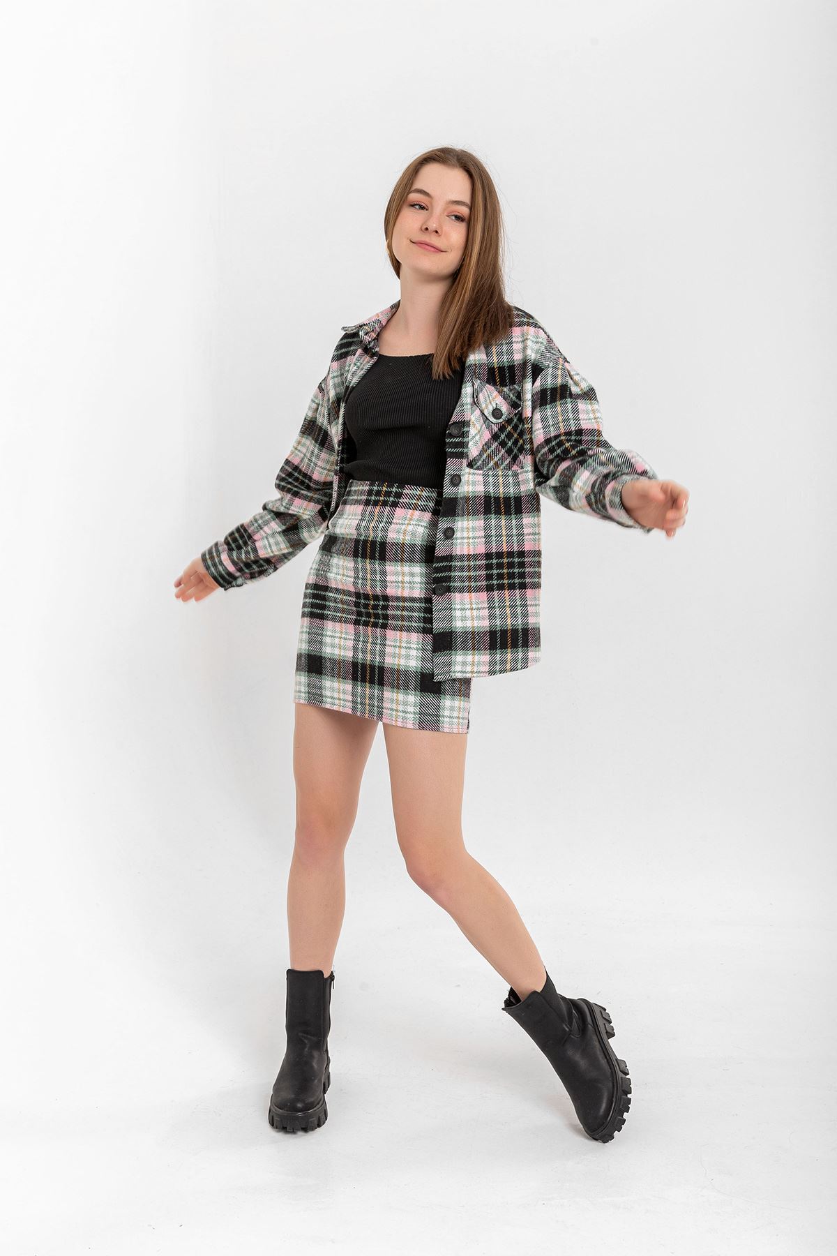 Lumberjack Fabric Tight Fit Striped Mini Skirt - Mint
