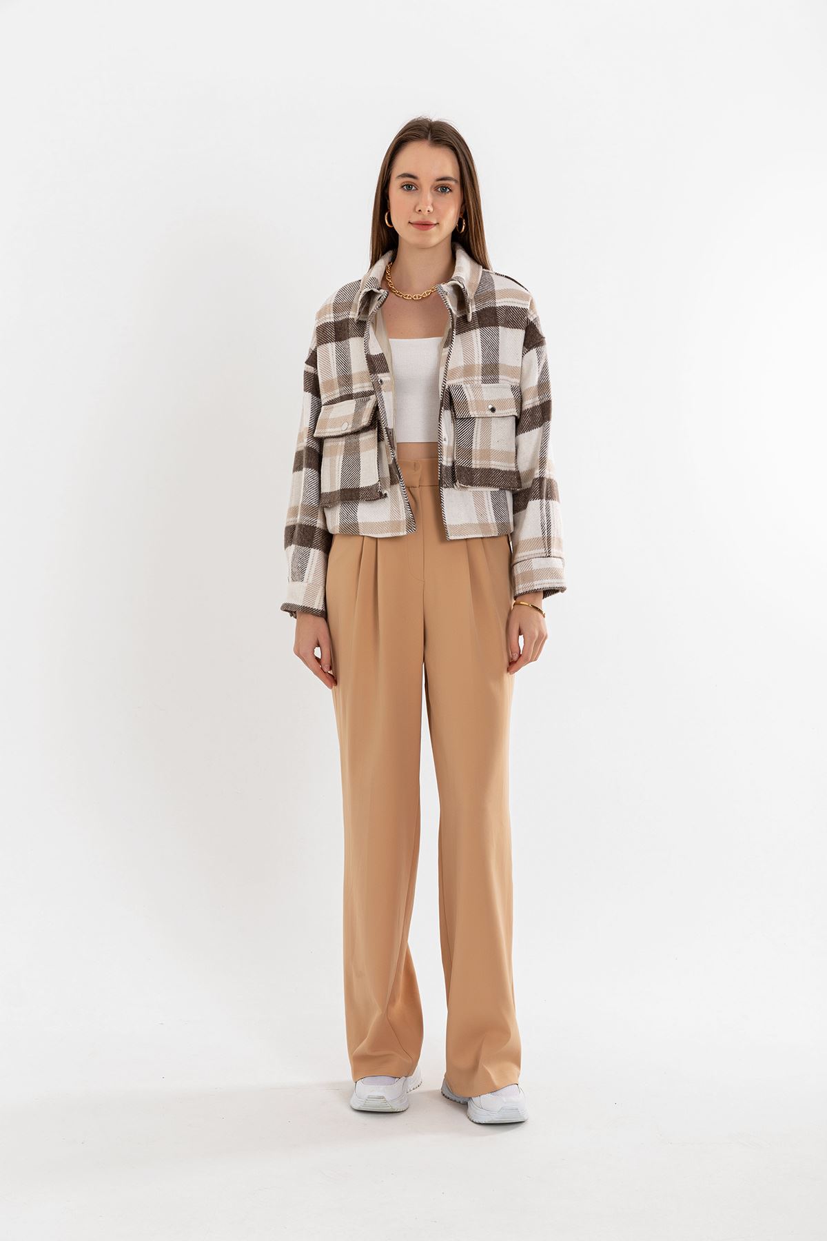 Lumberjack Fabric Long Sleeve Hip Height Oversize Striped Women'S Shirt - Ecru