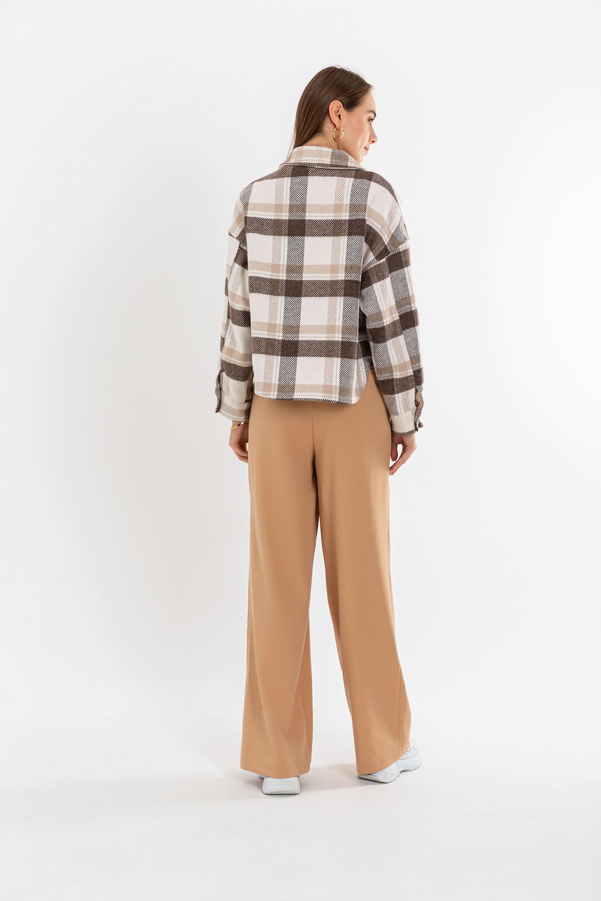 Lumberjack Fabric Long Sleeve Hip Height Oversize Striped Women'S Shirt - Ecru