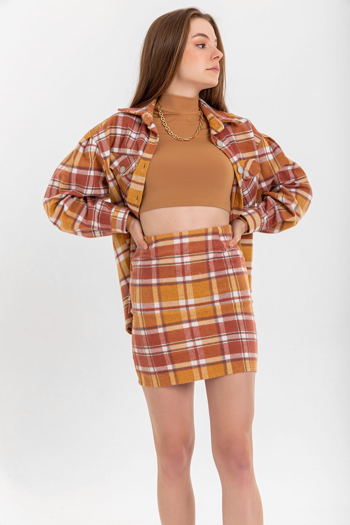 Lumberjack Fabric Long Sleeve Hip Height Oversize Striped Women'S Shirt - Light Brown