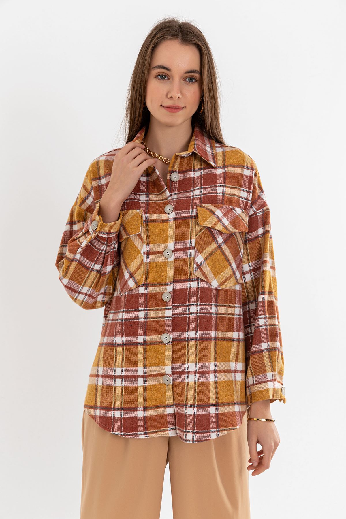 Long Sleeve Below Hip Oversize Woodcutter Print Women'S Shirt - Mustard
