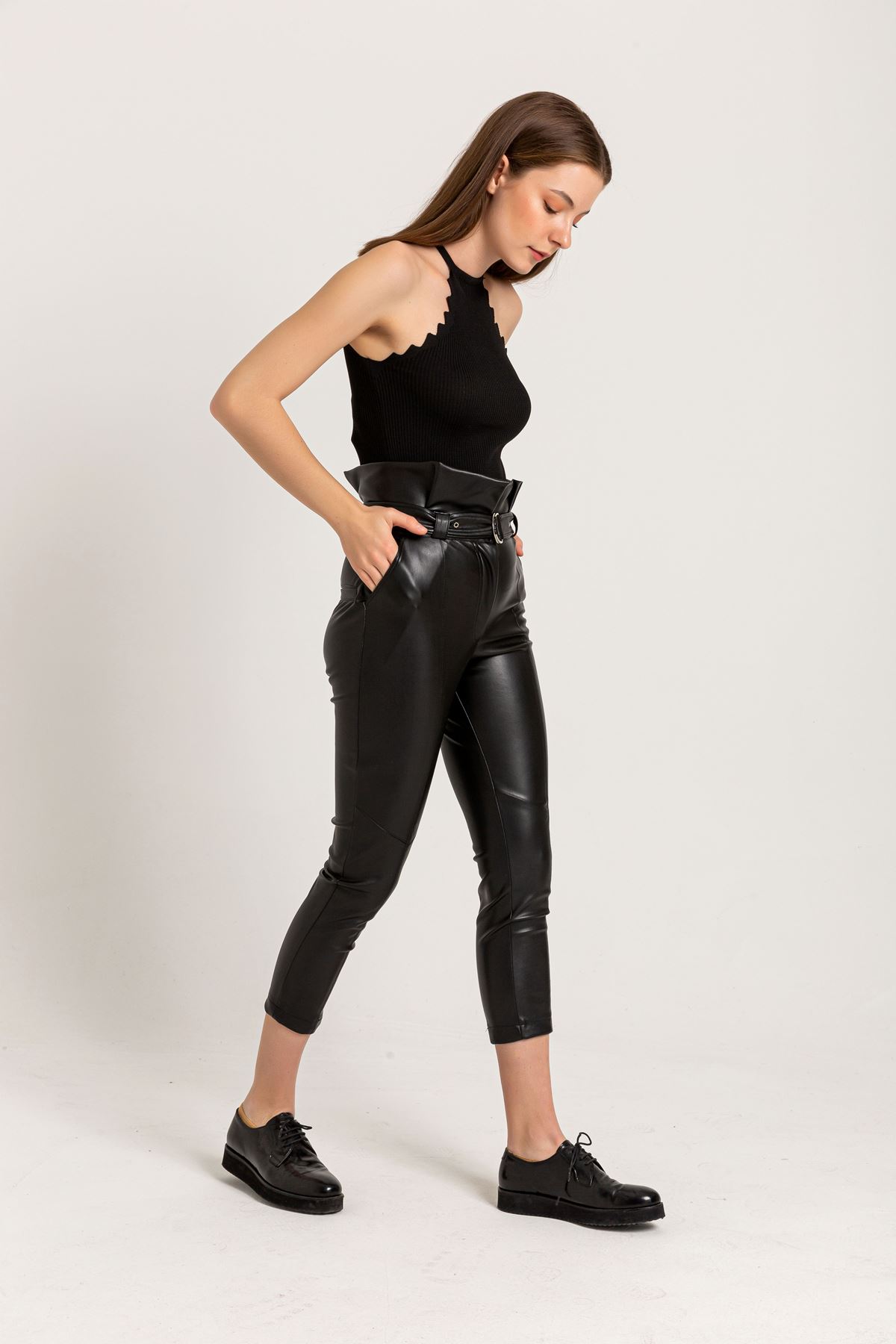 эко кожа ткань длинный узкий женские брюки - Чёрный