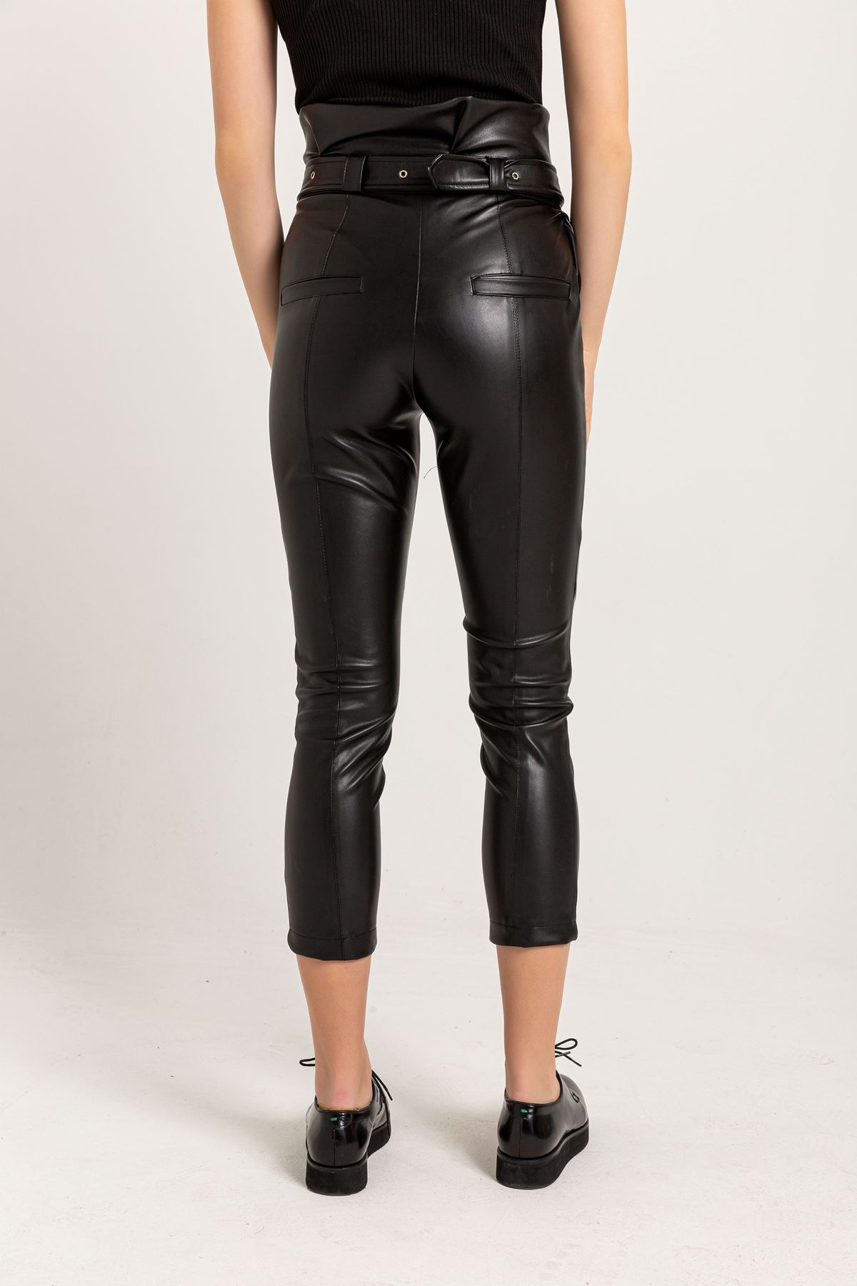 Leather Fabric Long Tigth Fit High Waist Belt Women'S Trouser - Black