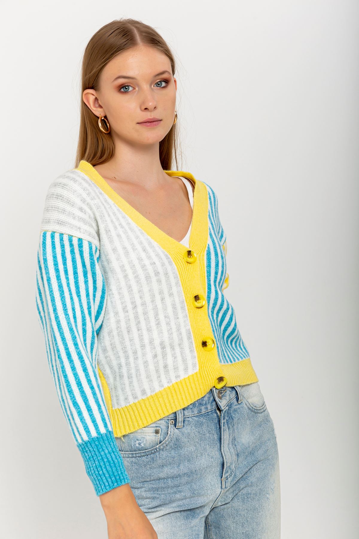 Knitwear Fabric Long Sleeve V-Neck Short Striped Women Cardigan - Yellow