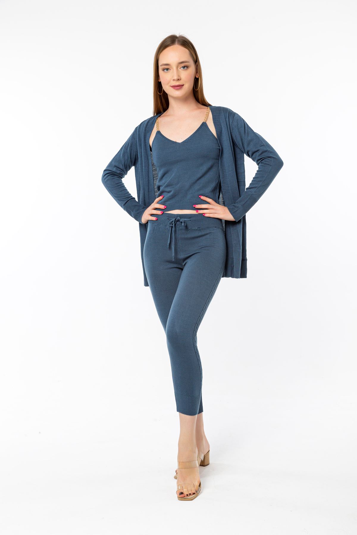 Knitwear Fabric Wide V Neck Long Full Fit Women'S Set 3 Pieces - Navy Blue 