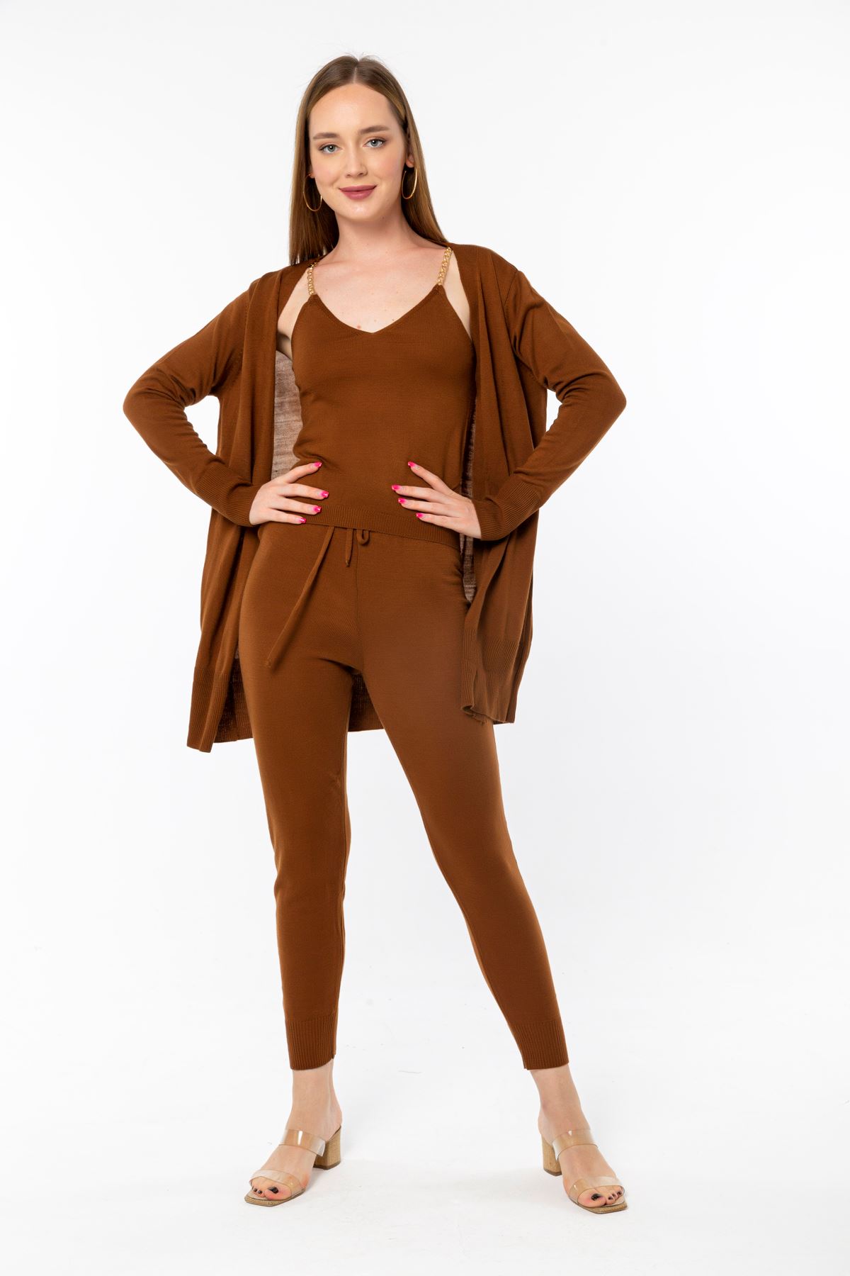 Knitwear Fabric Wide V Neck Long Full Fit Women'S Set 3 Pieces - Brown