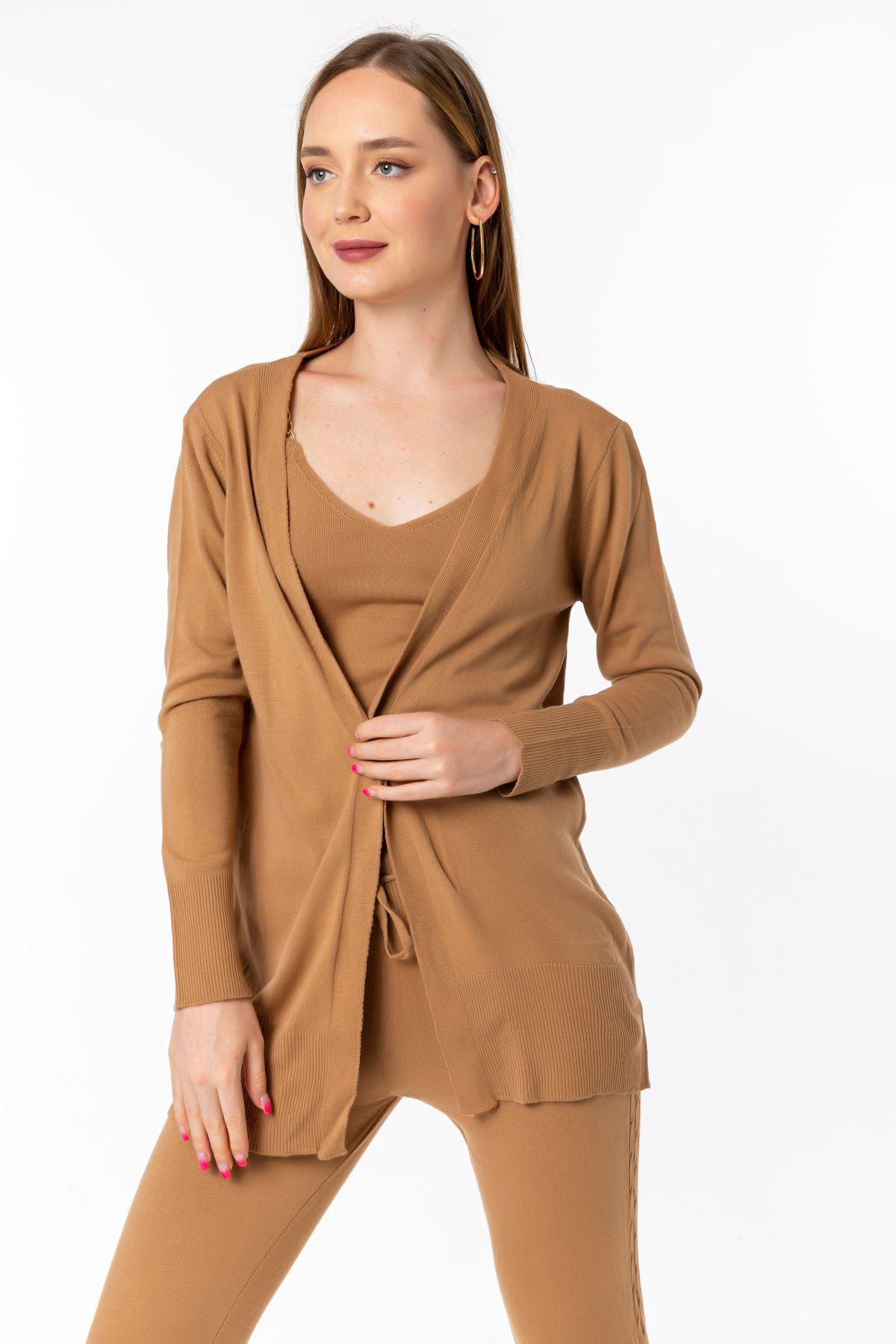 Knitwear Fabric Wide V Neck Long Full Fit Women'S Set 3 Pieces - Light Brown
