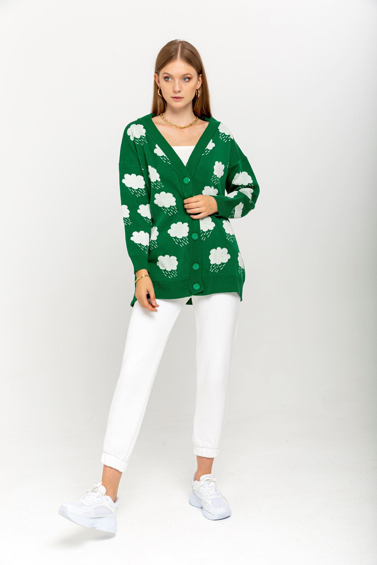 Knitwear Fabric Long Sleeve V-Neck Cloud Print Women'S Knitwear - Green