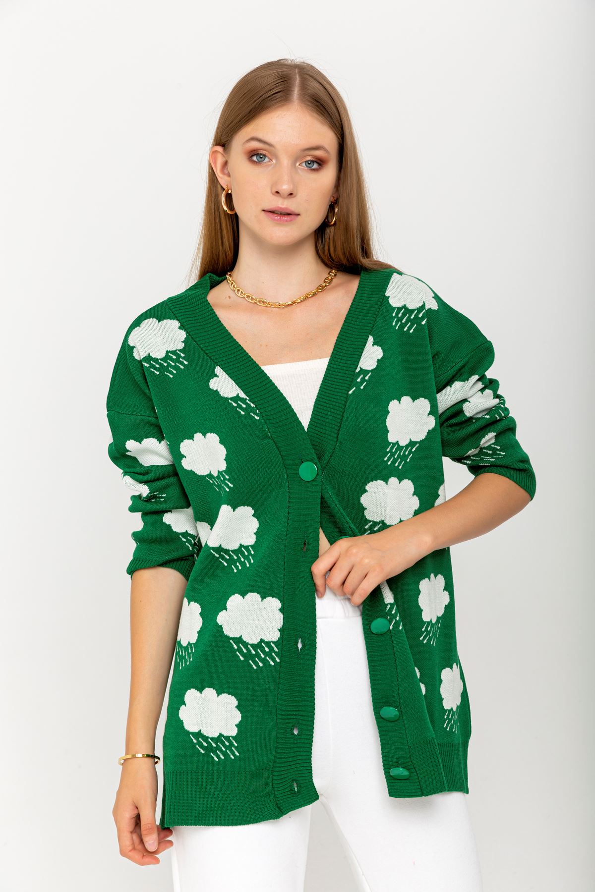 Knitwear Fabric Long Sleeve V-Neck Cloud Print Women'S Knitwear - Green