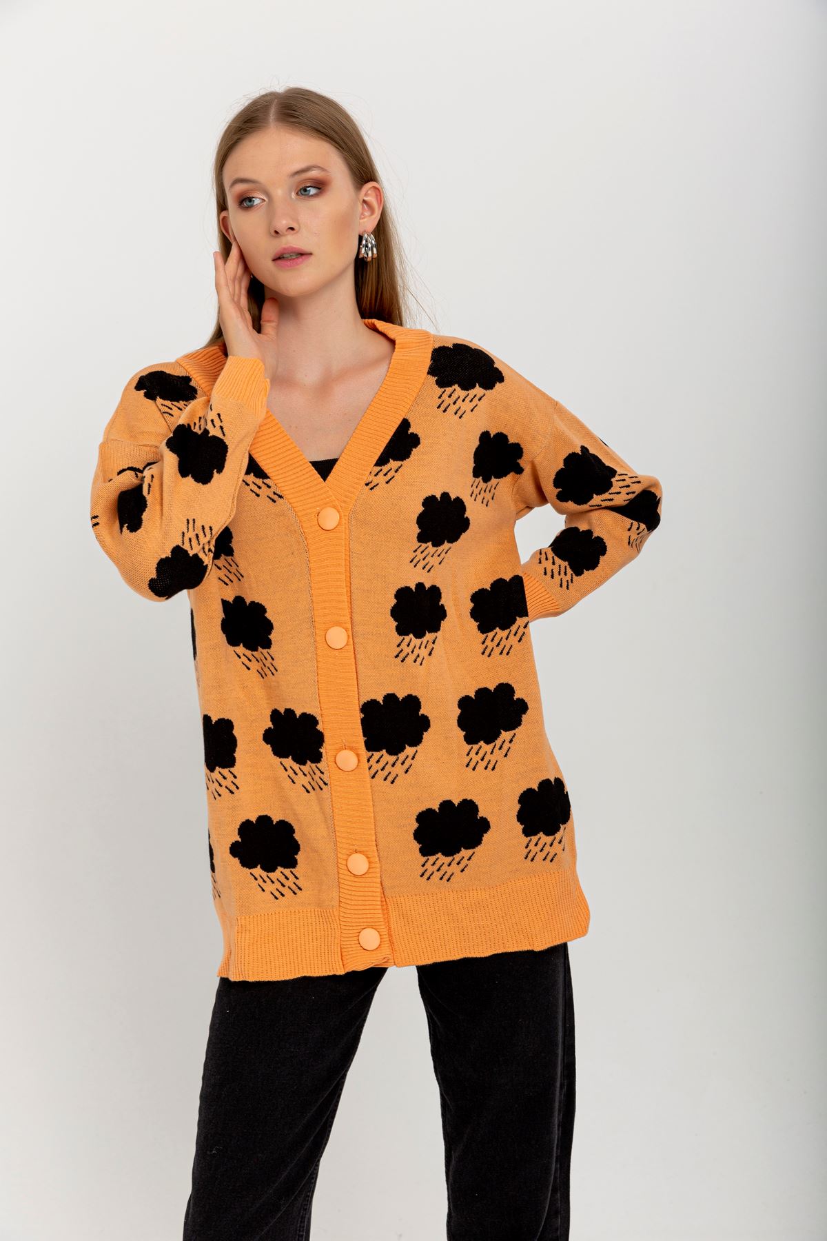 Knitwear Fabric Long Sleeve V-Neck Cloud Print Women'S Knitwear - Orange
