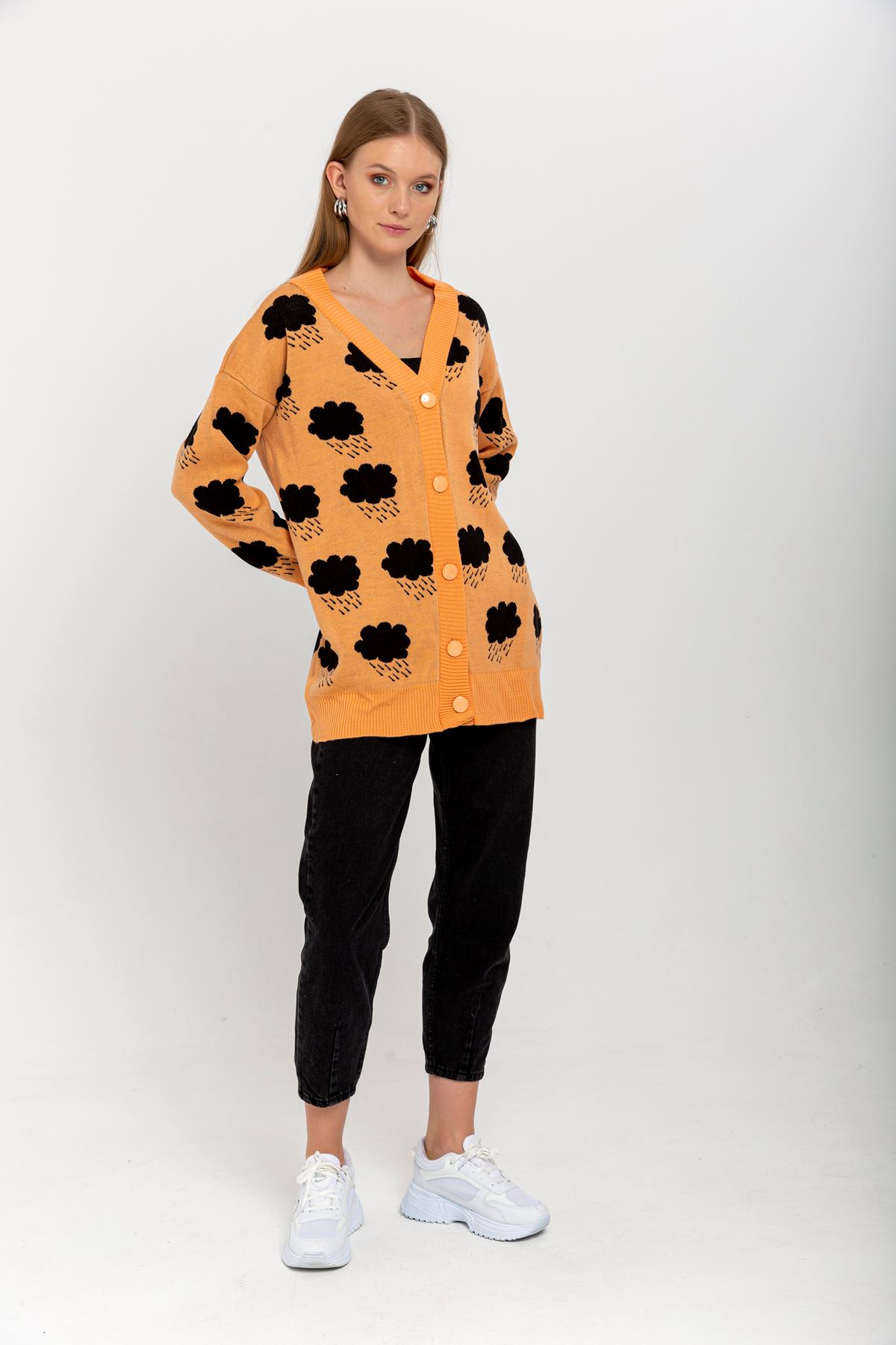 Knitwear Fabric Long Sleeve V-Neck Cloud Print Women'S Knitwear-Orange
