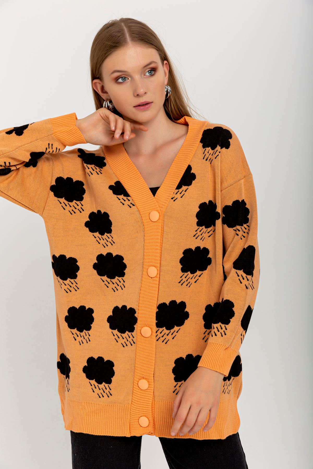 Knitwear Fabric Long Sleeve V-Neck Cloud Print Women'S Knitwear - Orange