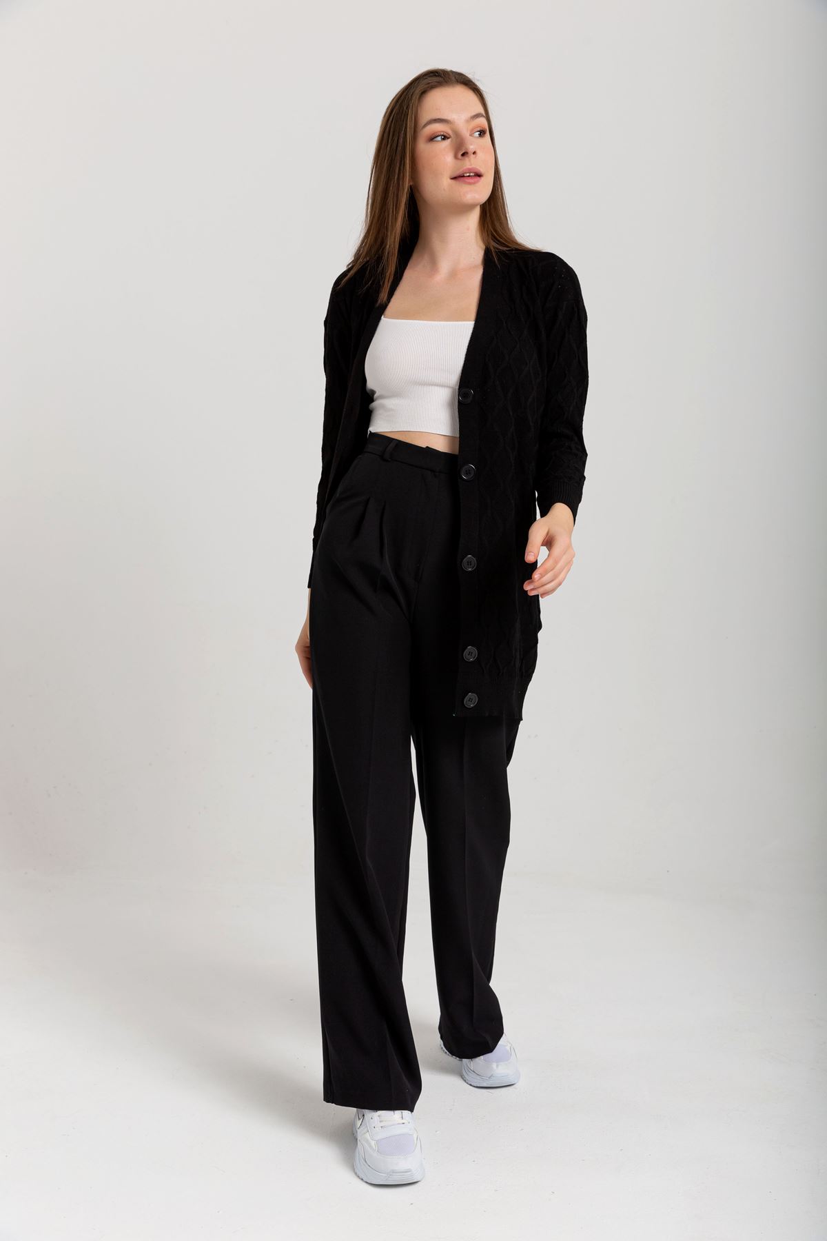 Knitwear Fabric Long Sleeve Without Collar Long Women Cardigan - Black