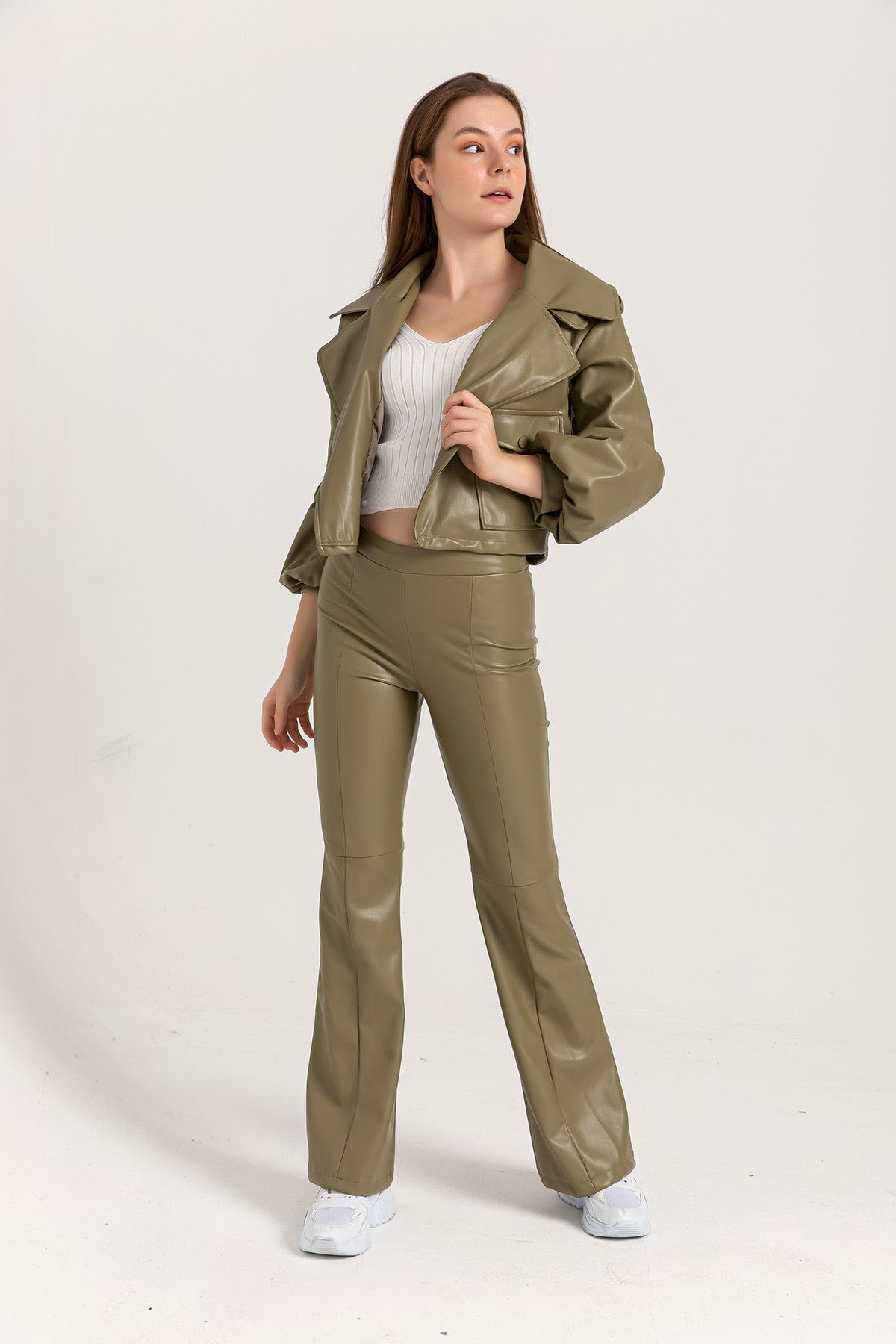 Leather Fabric Long Tigth Fit Flare Women'S Trouser - Khaki 