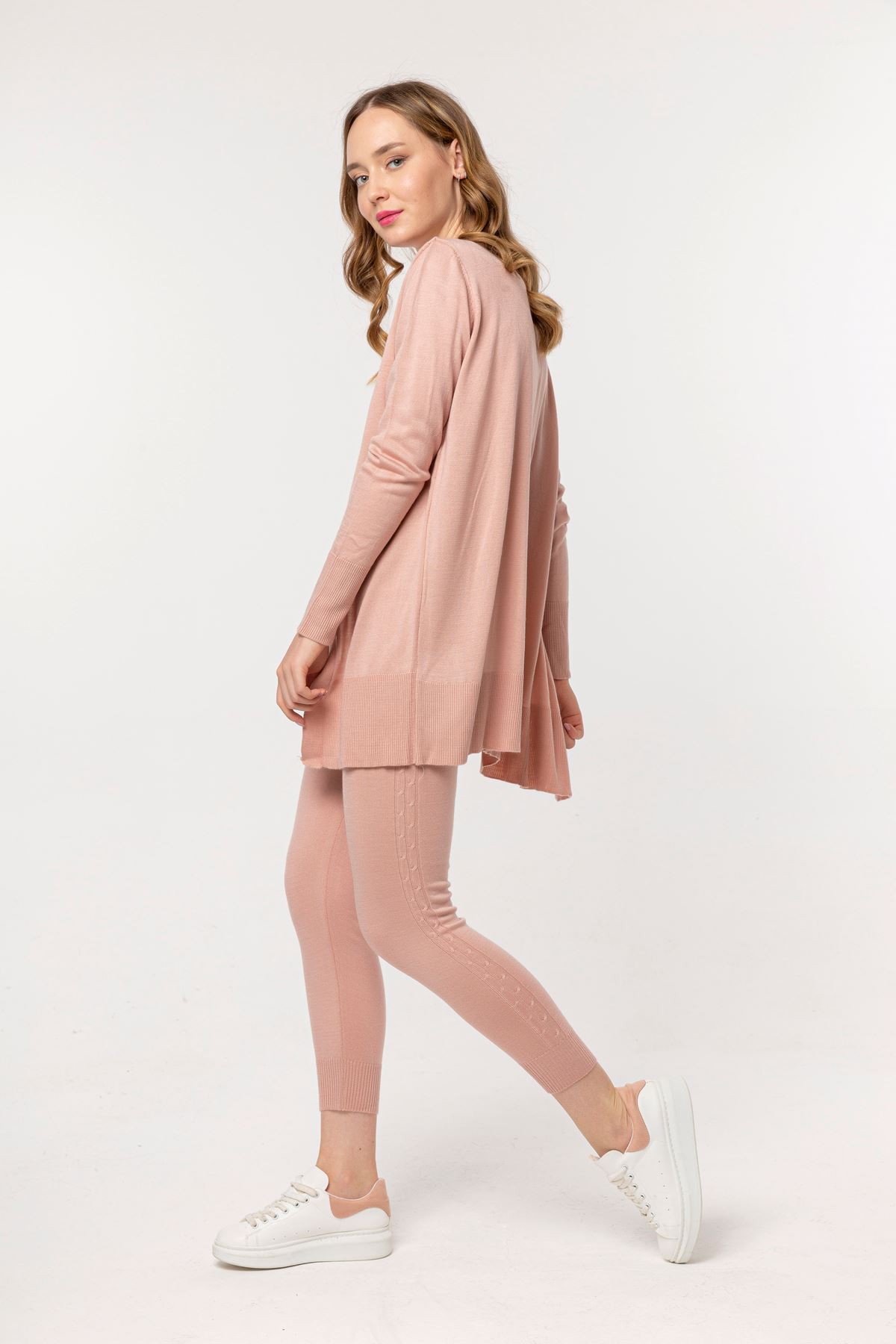 Knitwear Fabric Long Sleeve V-Neck Long Women'S Knitwear Set 3 Pieces - Light Pink