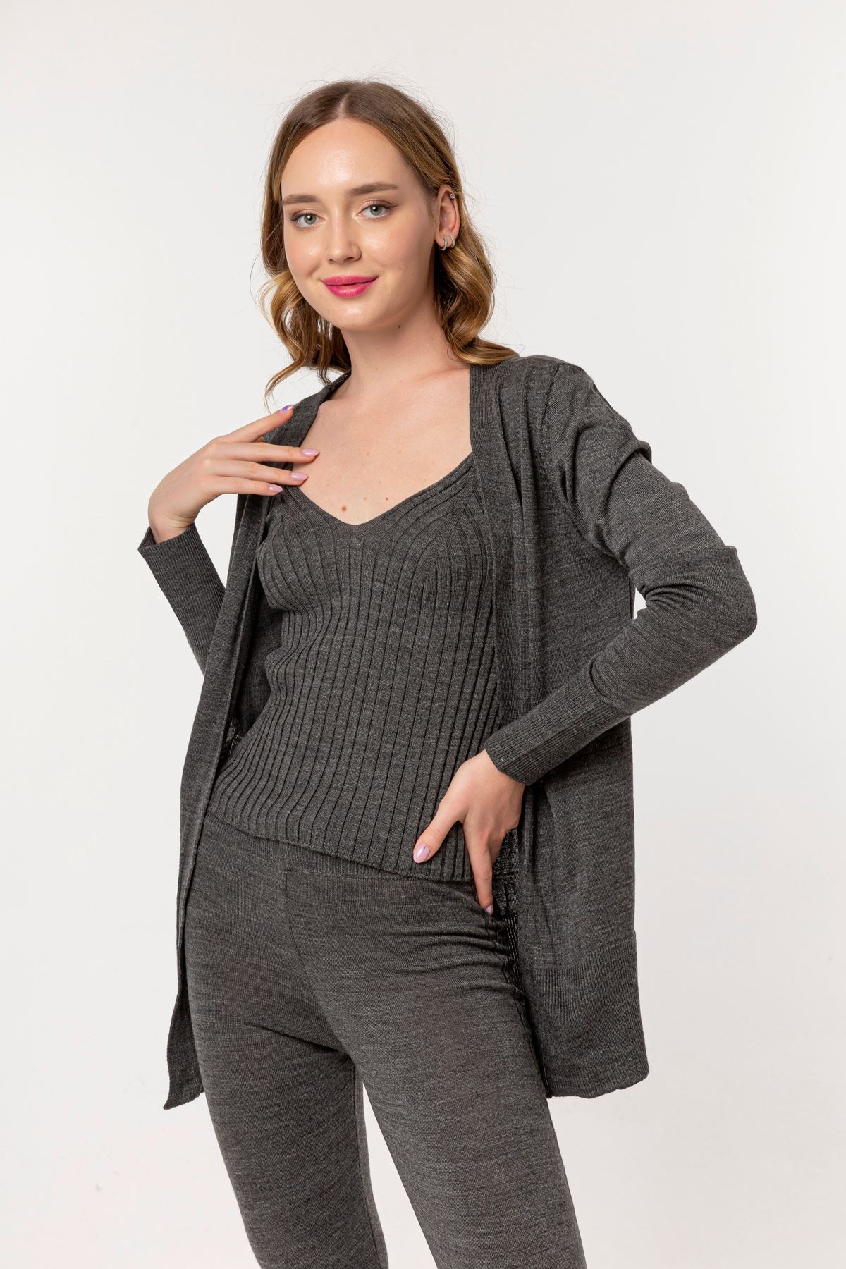 Knitwear Fabric Long Sleeve V-Neck Long Women'S Knitwear Set 3 Pieces - Anthracite 