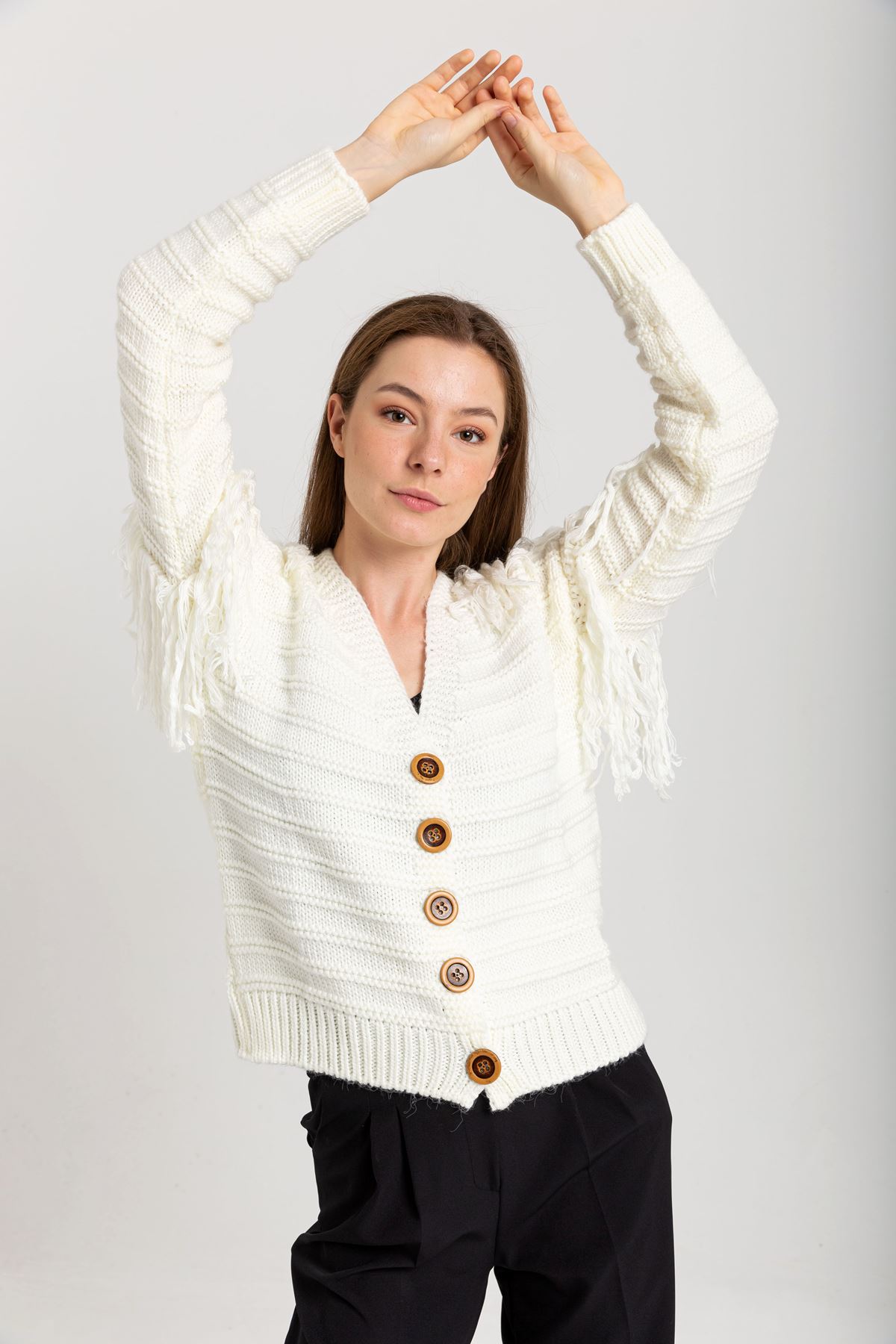 Knitwear Fabric Long Sleeve V-Neck Women Cardigan - Ecru