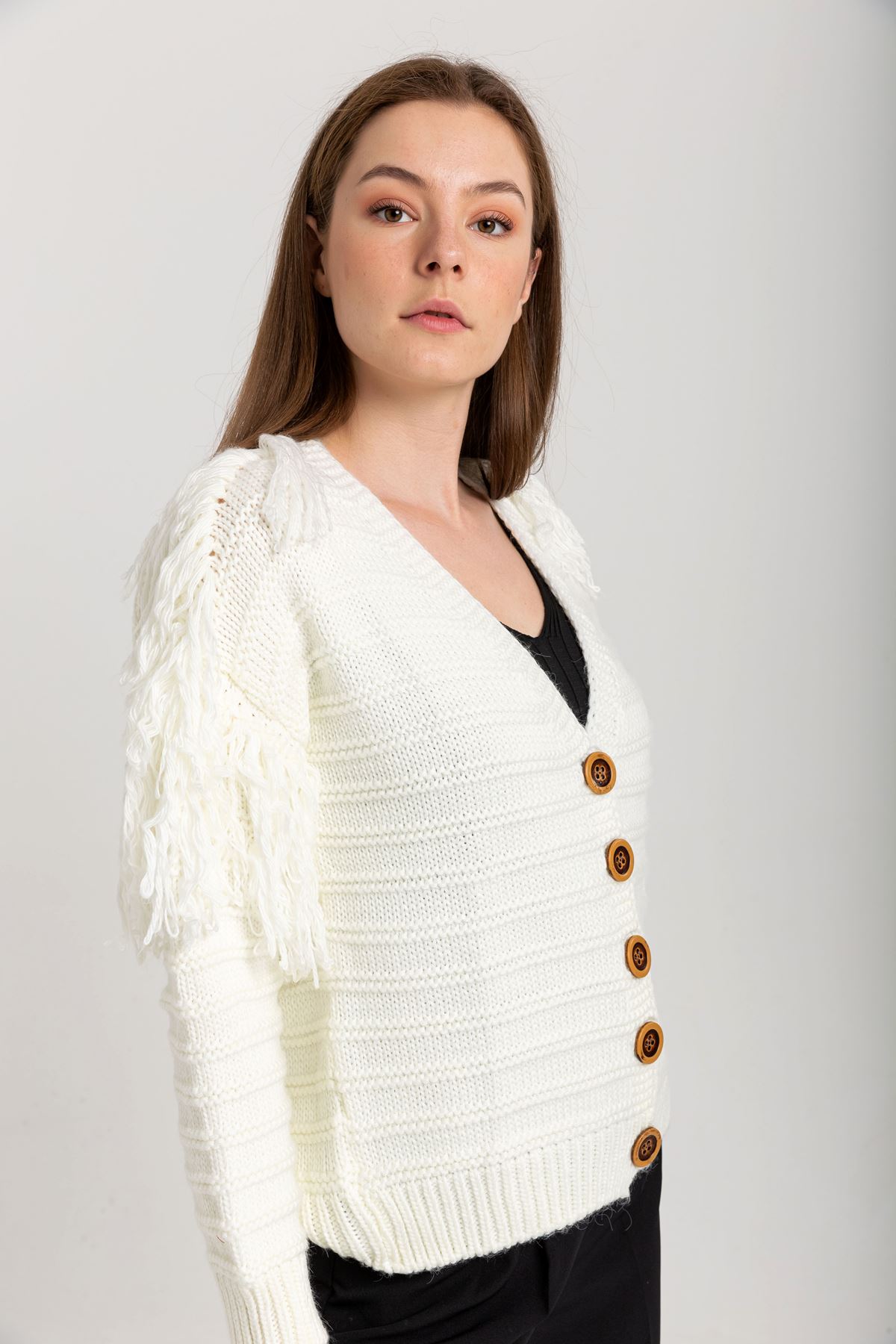 Knitwear Fabric Long Sleeve V-Neck Women Cardigan - Ecru