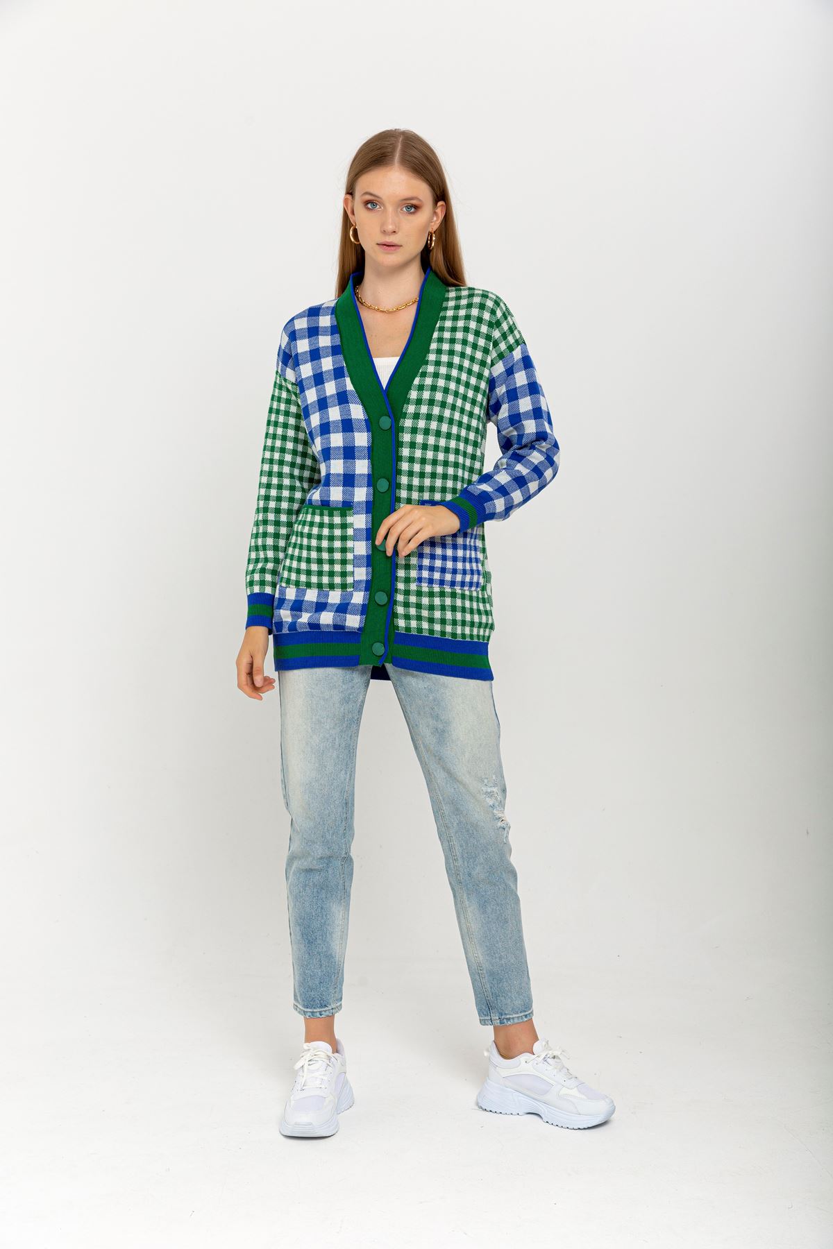 Knitwear Fabric Long Sleeve V-Neck Long Square Print Women'S Knitwear - Green