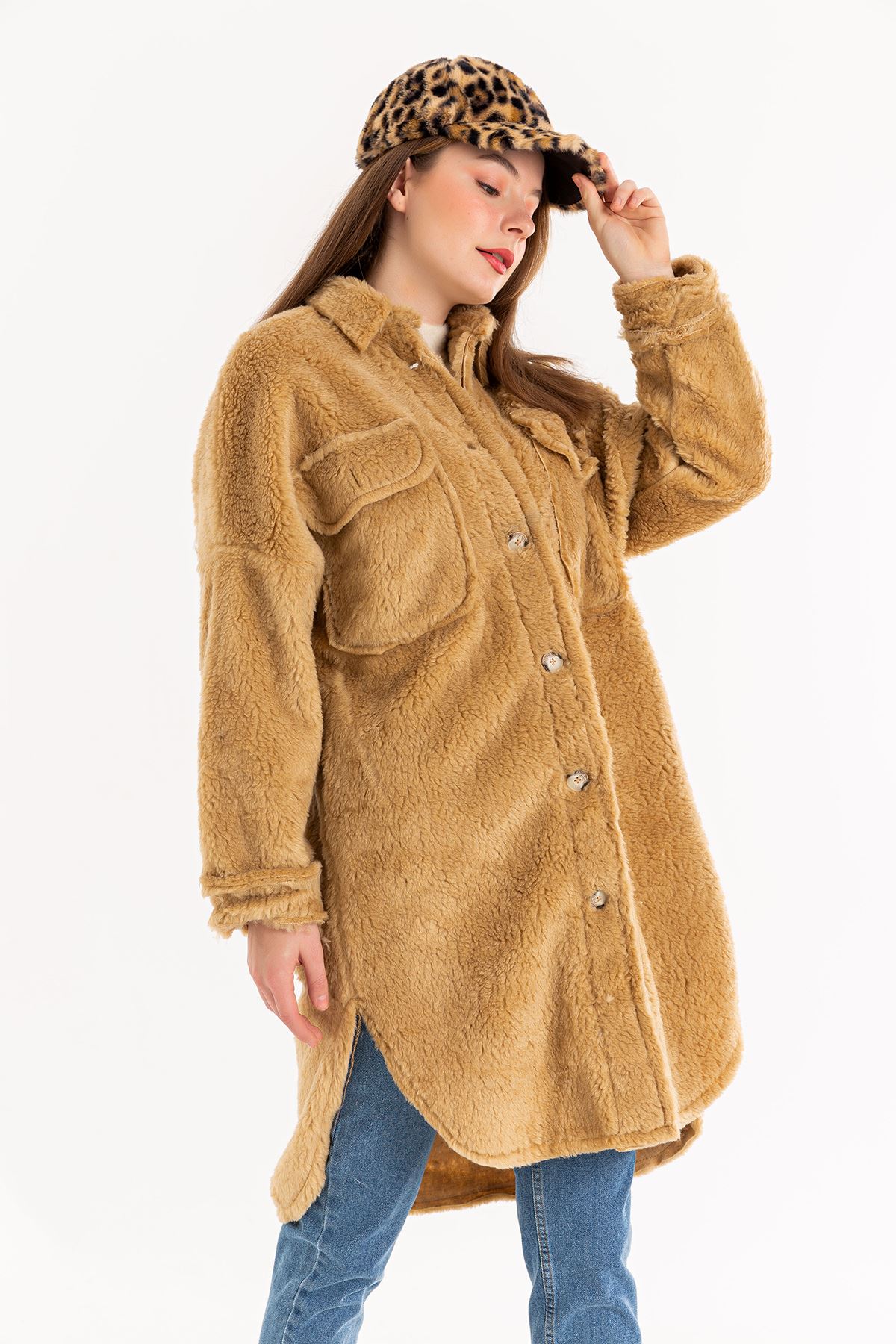 معطف طويل قماش تيدي ذراع طويلة طوق سترة طول الورك حجم كبير - جملي
