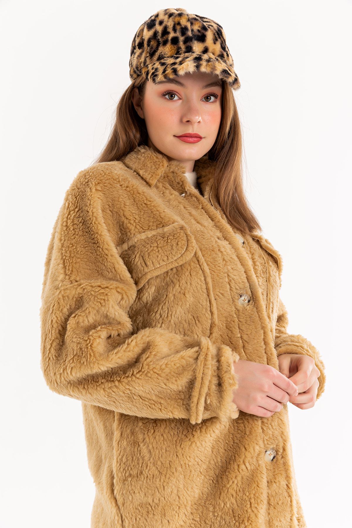 Teddy Fabric Long Sleeve Rever Collar Hip Height Oversize Women'S Coat - Light Brown