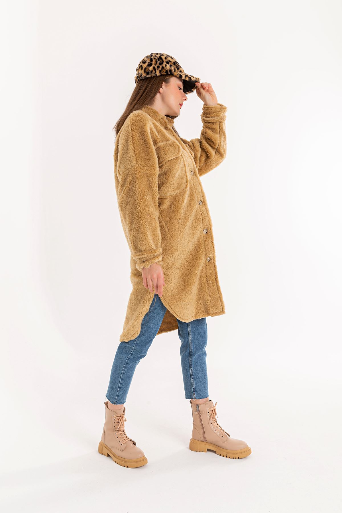 Teddy Fabric Long Sleeve Rever Collar Hip Height Oversize Women'S Coat - Light Brown