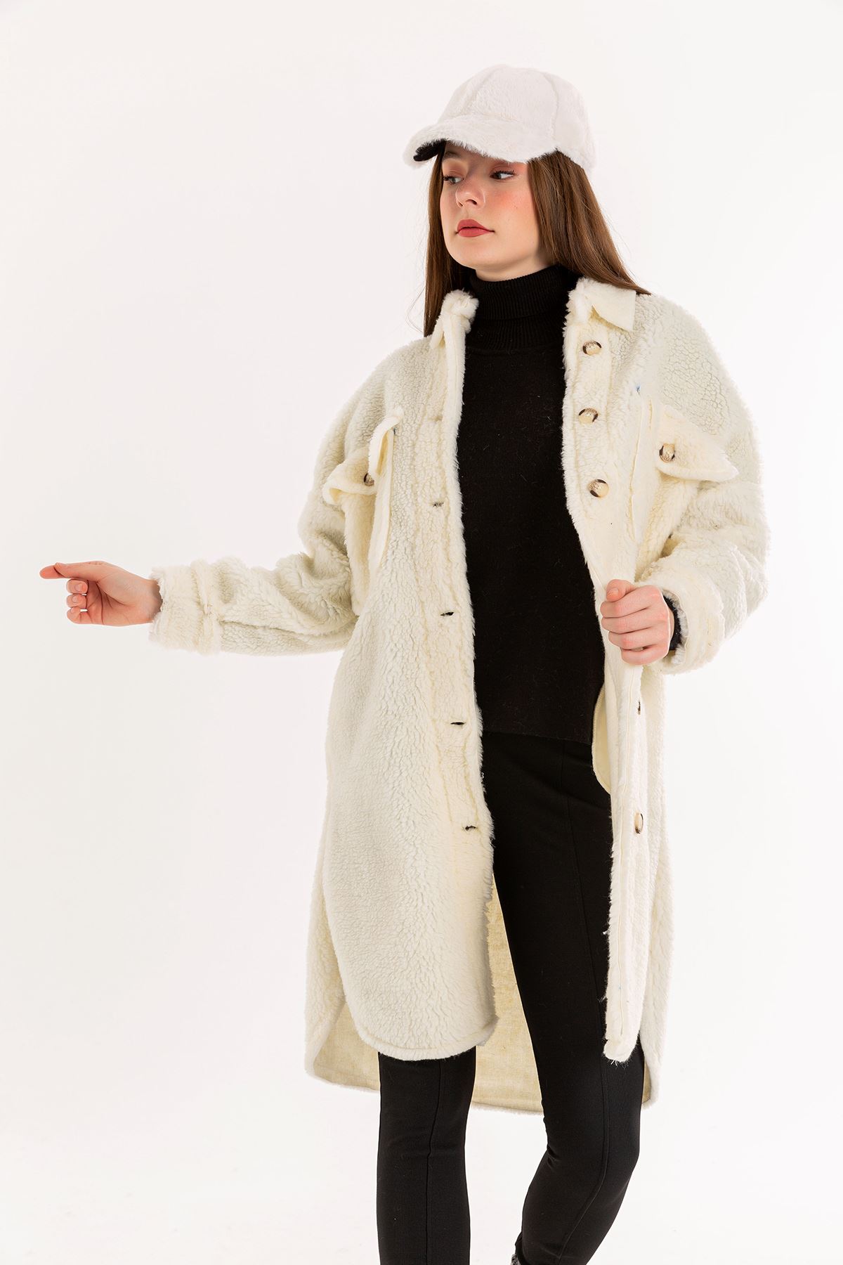 Teddy Fabric Long Sleeve Rever Collar Hip Height Oversize Women'S Coat - Ecru