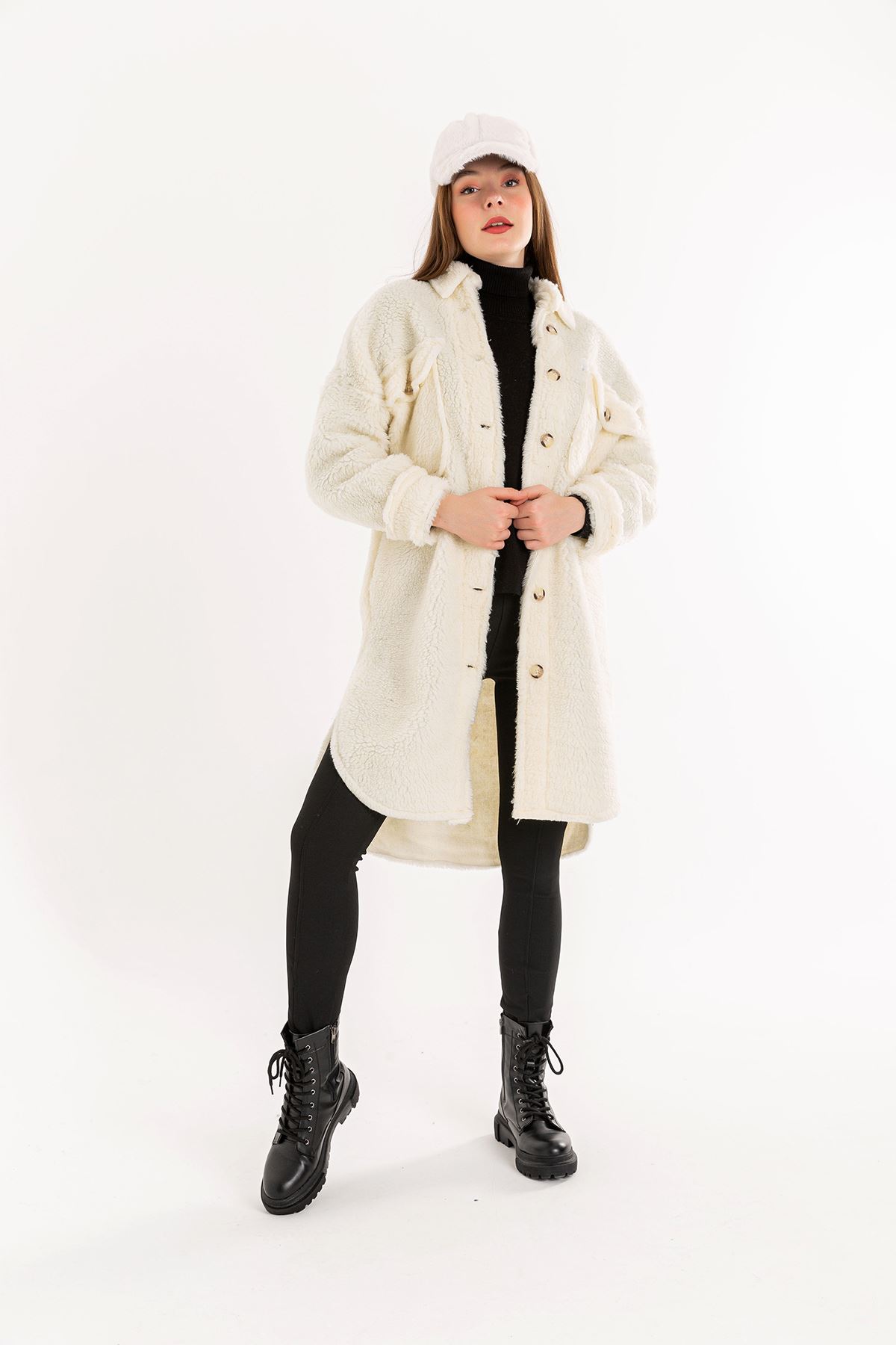 Teddy Fabric Long Sleeve Rever Collar Hip Height Oversize Women'S Coat - Ecru